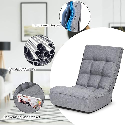 Miniatura 6 de Giantex Sillas de suelo para adultos con respaldo ajustable de 4 posiciones, reposacabezas ajustable de 6 posiciones, bolsillo lateral, no requiere
