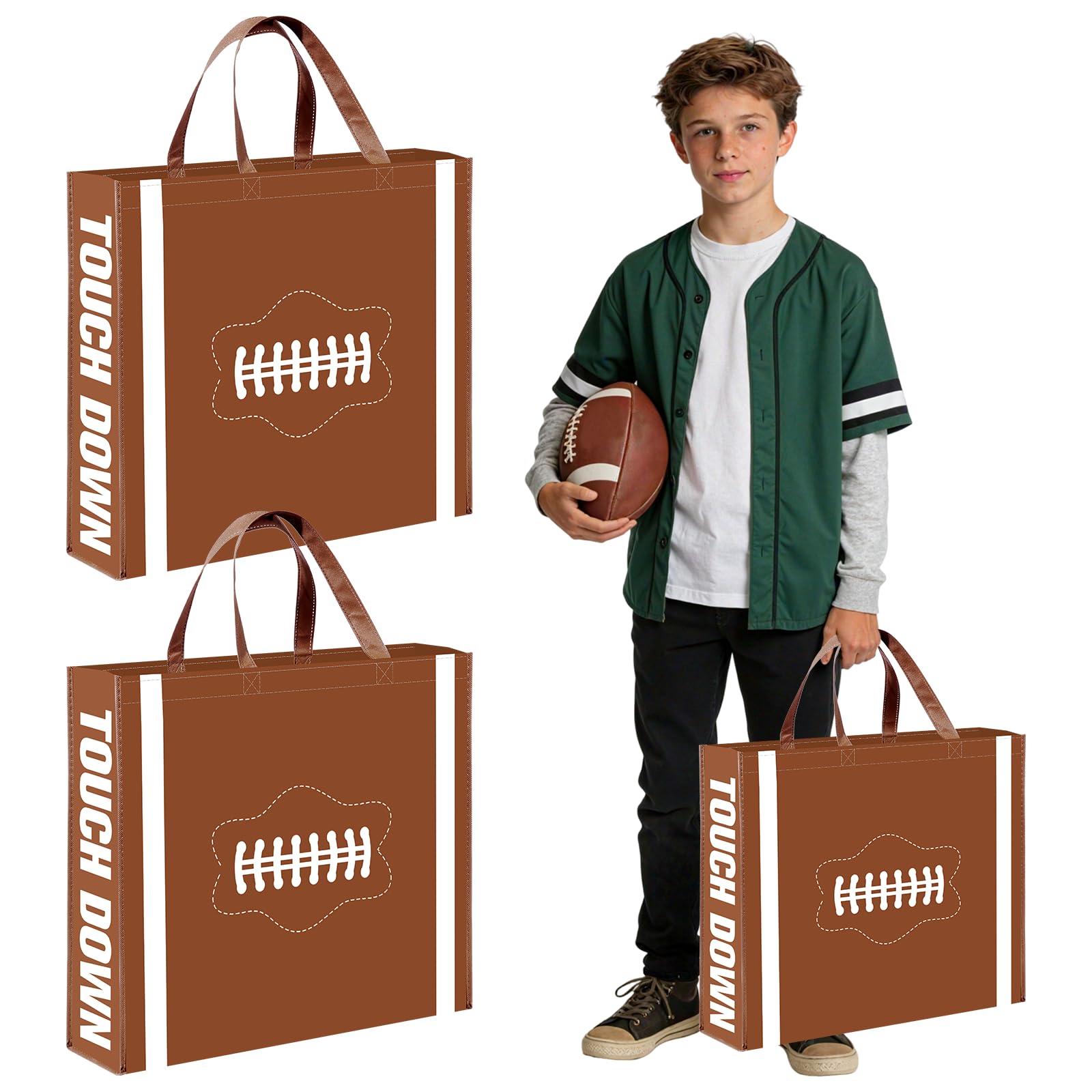 2 Pcs Extra Large Football Gift Bags, Jumbo Party Favor Bag with Handle, Large Capacity Non-Woven Pouch for Sports Supplies, Picnic, Beach, Gift Storage, Birthday, 19.7x15.8x5.1 inch (2)