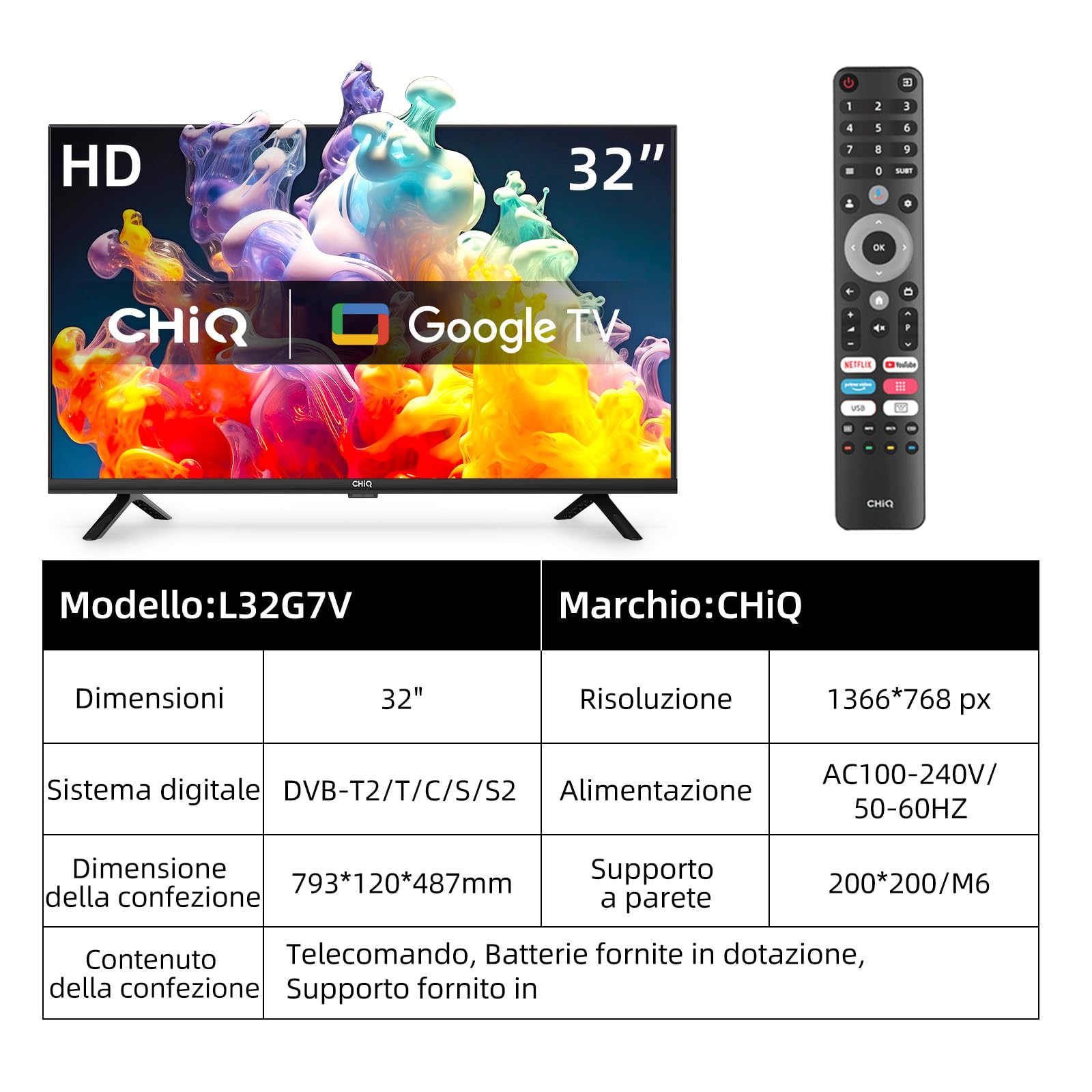CHiQ TV L32G7V da 32 pollici, Google TV, HD, Design senza cornice, Assistente Google, Google Play, Chromecast integrato, Triplo sintonizzatore (DVB-T2/S2/C), 5G Wi-Fi, Bluetooth, HDMI ARC, USB2.0, CI+