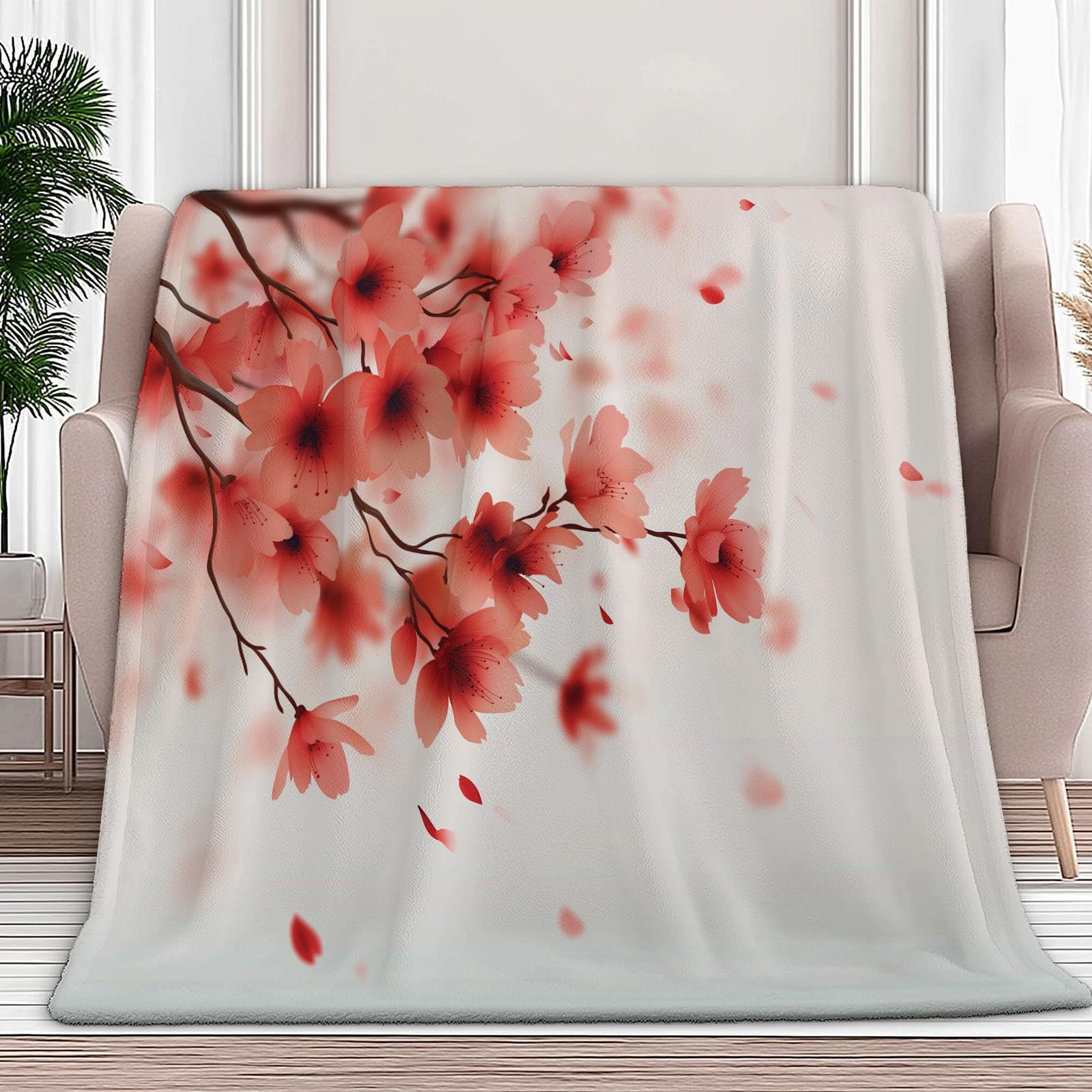 Genérico Manta de Franela de Forro Polar para Niños y Adultos 220 x 240 cm, Mantas para Sofa Estampado Naturaleza Japonés Flores De Cerezo - Manta Crema Suave Cálida Transpirable Ligera