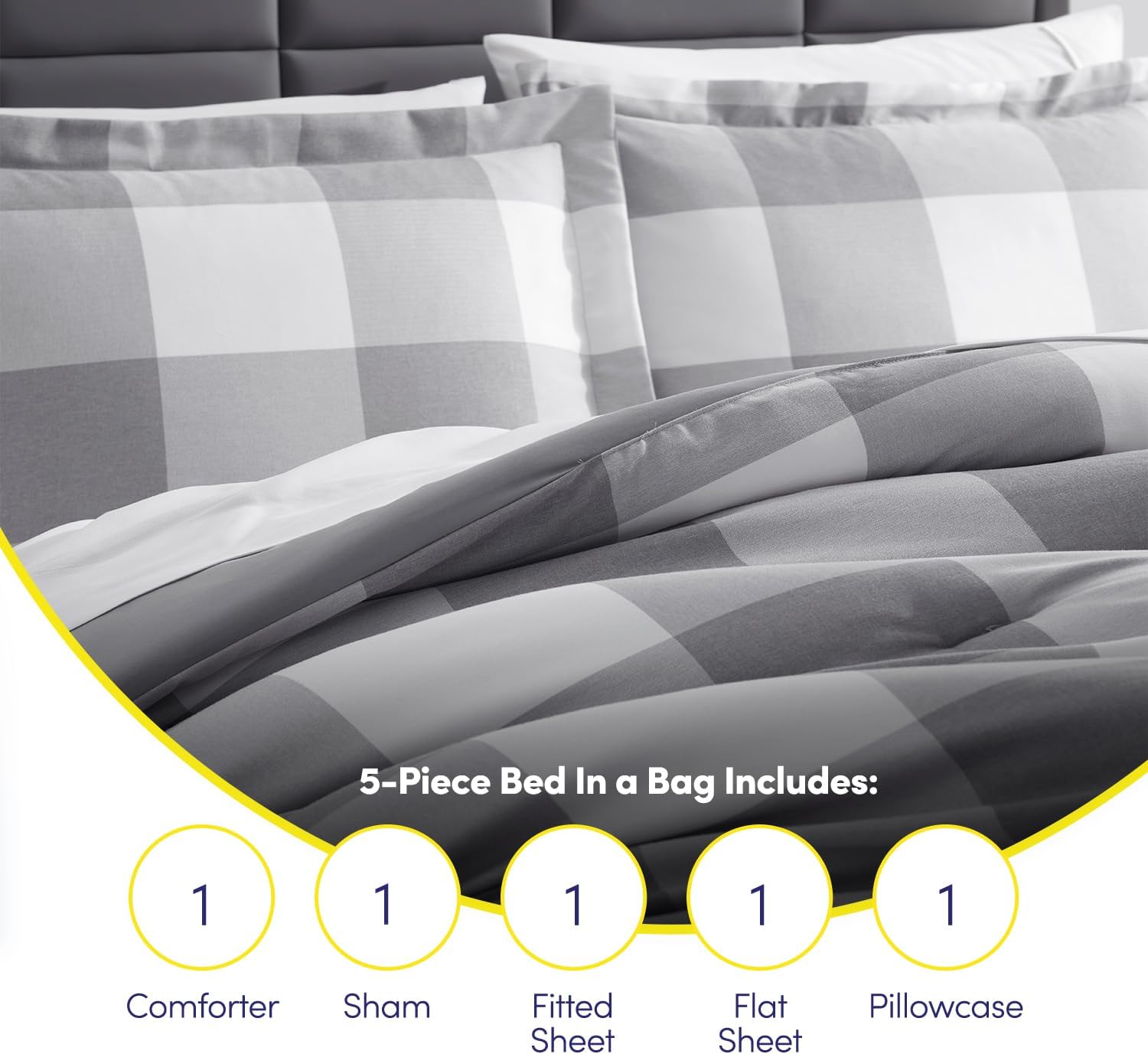 7 Piece Comforter Set Bag Solid Color All Season Soft Down Alternative Blanket & Luxurious Microfiber Bed Sheets, Twin, Gray Plaid - Image 6