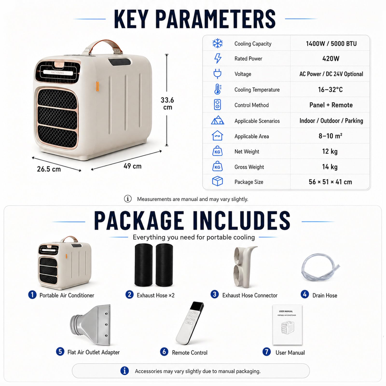 Condizionatore Portatile Campeggio 5000BTU Solo Freddo Camper 8-10m² AC | Raffreddamento Rapido Piccole Stanze | Flusso D'Aria Costante Caldo | Controlli Touch Semplici Maniglia Trasporto