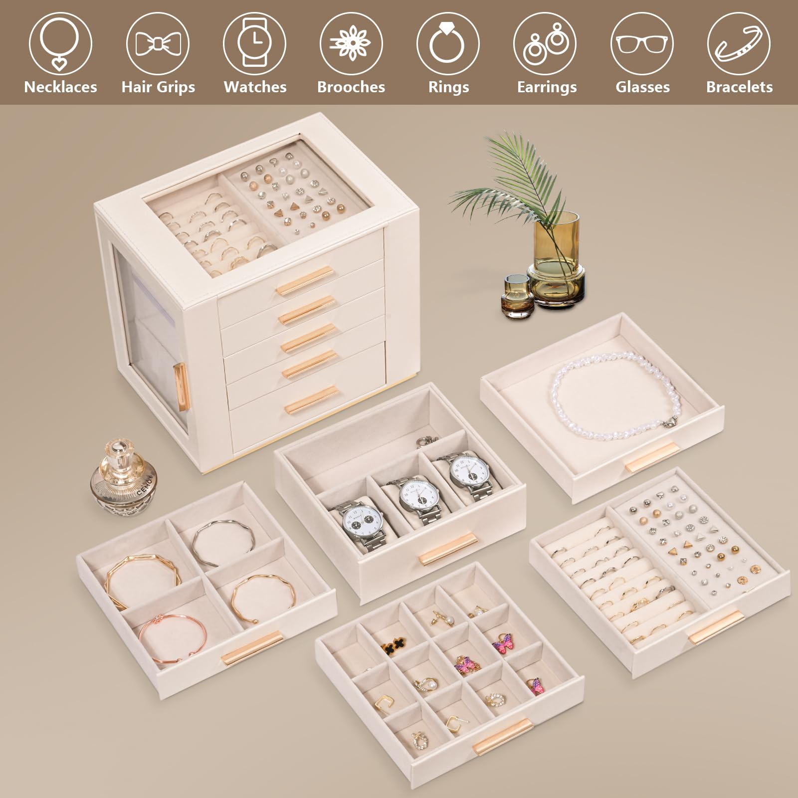 Schmuckkästchen Mädchen, Schmuckaufbewahrung Groß,Schmuck Organizer Schublade,Schmuckkasten mit Glasdeckel,Jewelry Box für Ohrringe,Uhren,Ringe,Schmuckschatulle für Weihnachten,Valentinstag