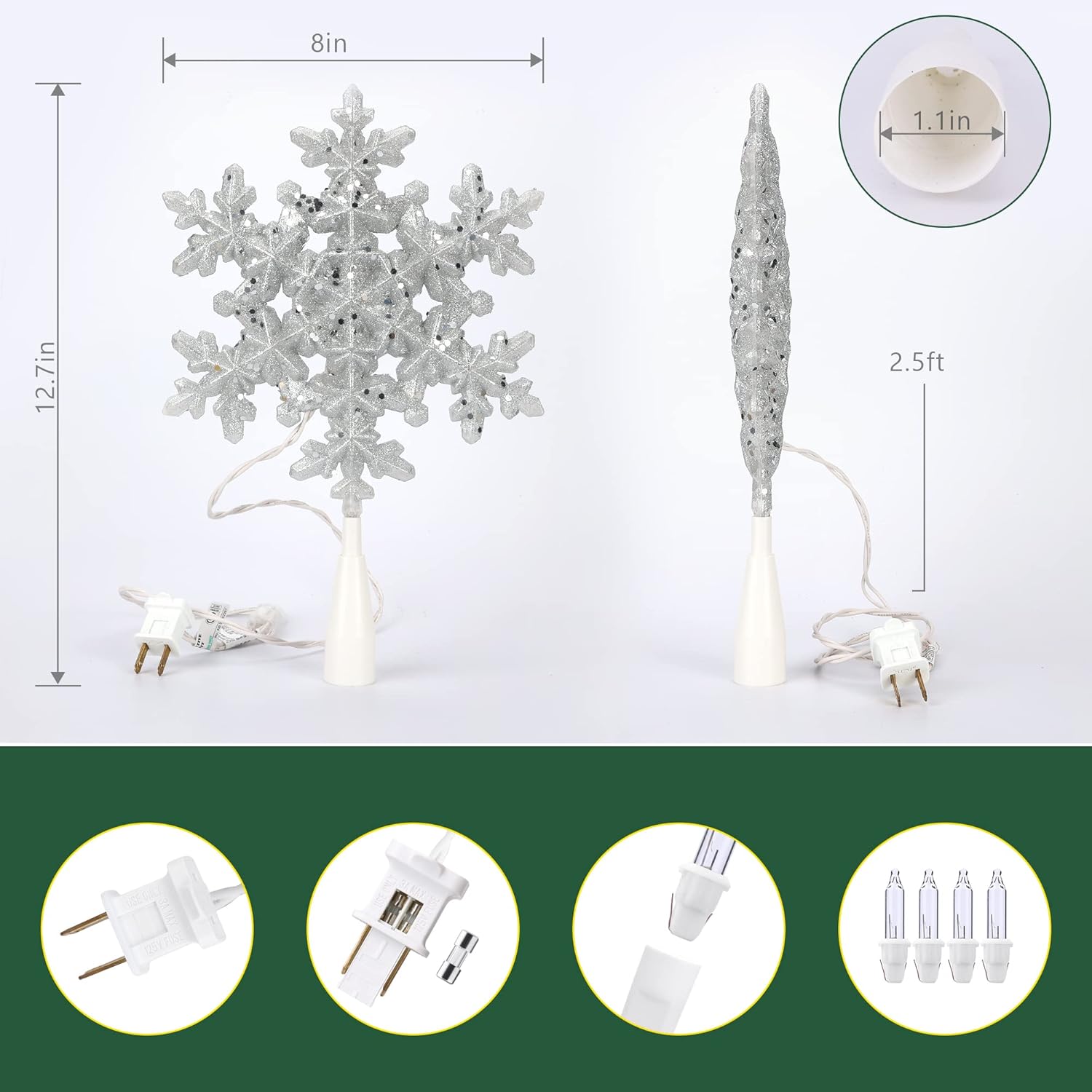 Brizled Silver Snowflake Tree Topper, 9" Christmas Tree Topper with 10 Warm White Lights, 120V UL Certified Christmas Tree Star Topper, Glitter Snowflake Treetop for Christmas Tree Party Home Decor - Image 5
