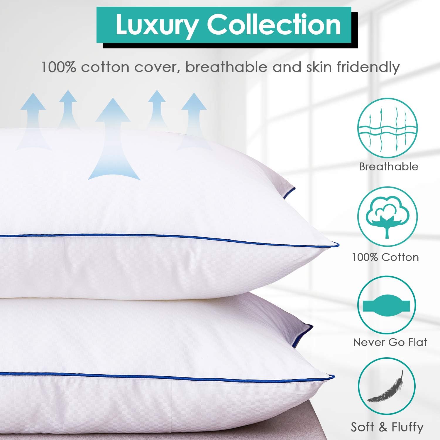 Bed Pillows for Sleeping Queen Set of 2 Sleeping Pillows for Side and Back Sleepers 2-Pack Down Alternative Cooling Pillows Hotel Collection Gel Pillows for Side, Back Sleeper Breathable Cover