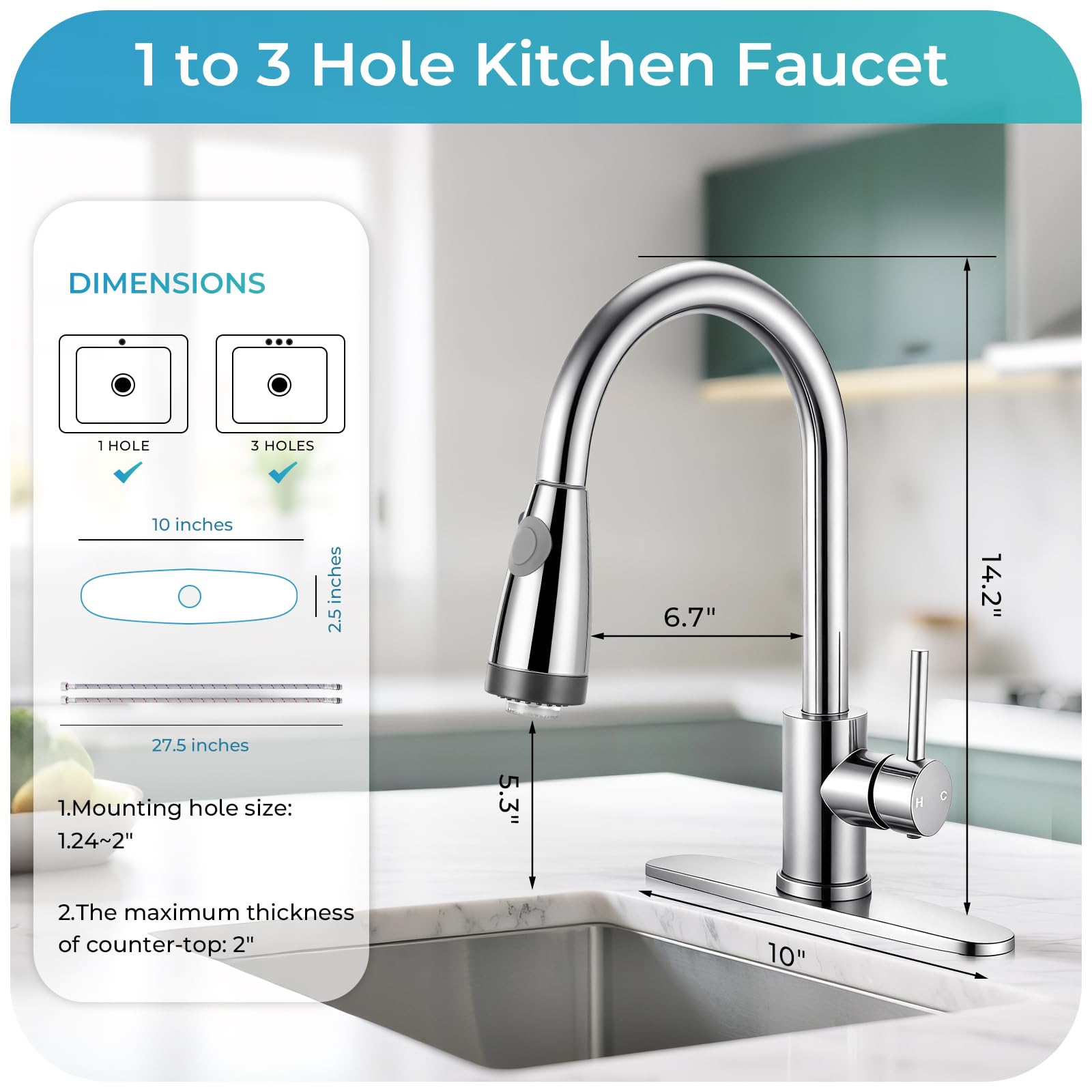 Grifo de cocina LED con rociador extraíble, grifos de cocina de cromo pulido de una sola manija, grifo de fregadero de cocina extraíble de acero inoxidable de arco alto con cubierta para caravana