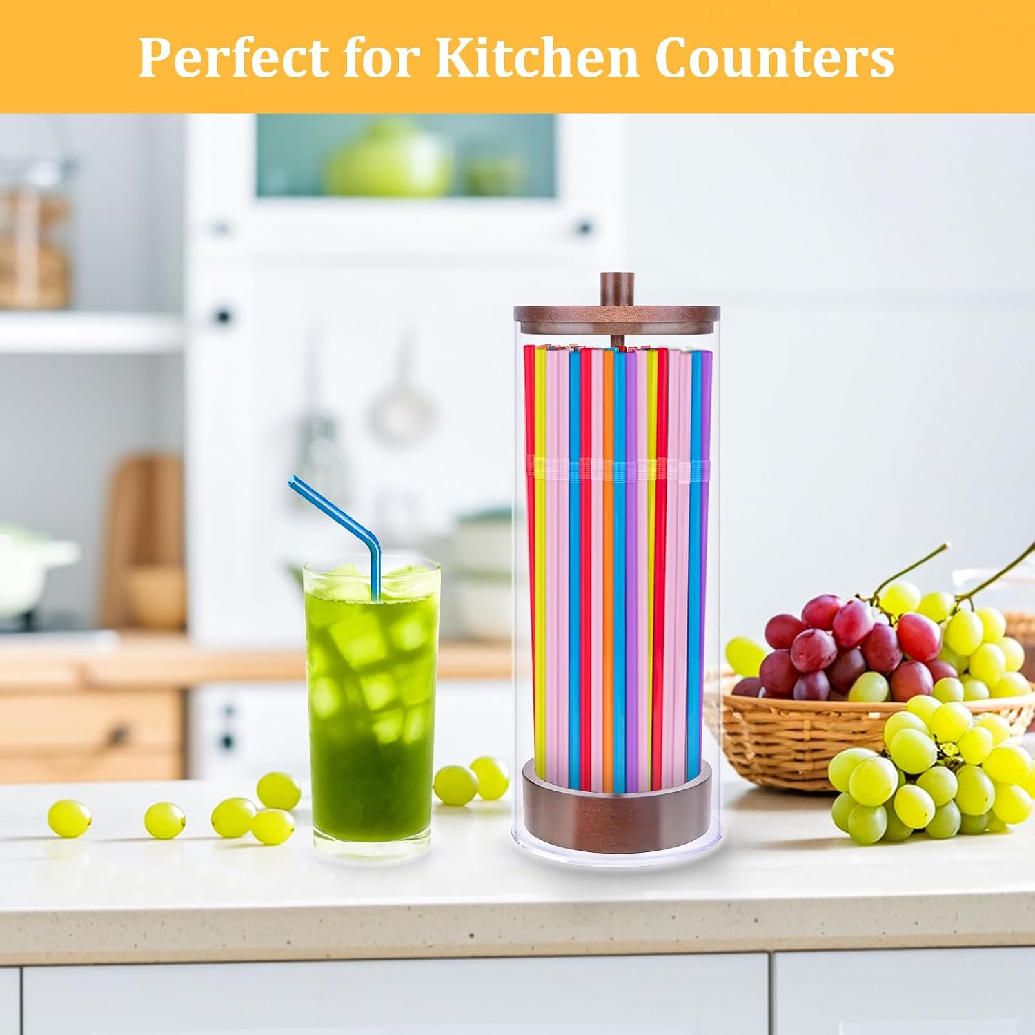 JYPS 10-Inch Acrylic Straw Dispenser with Bamboo Lid with 100 Colorful Straws,Transparent Counter Container Countertop Organizer for Kitchen,Office,Cabinet Storage, Holds Pencils, Cutlery(Dark brown)