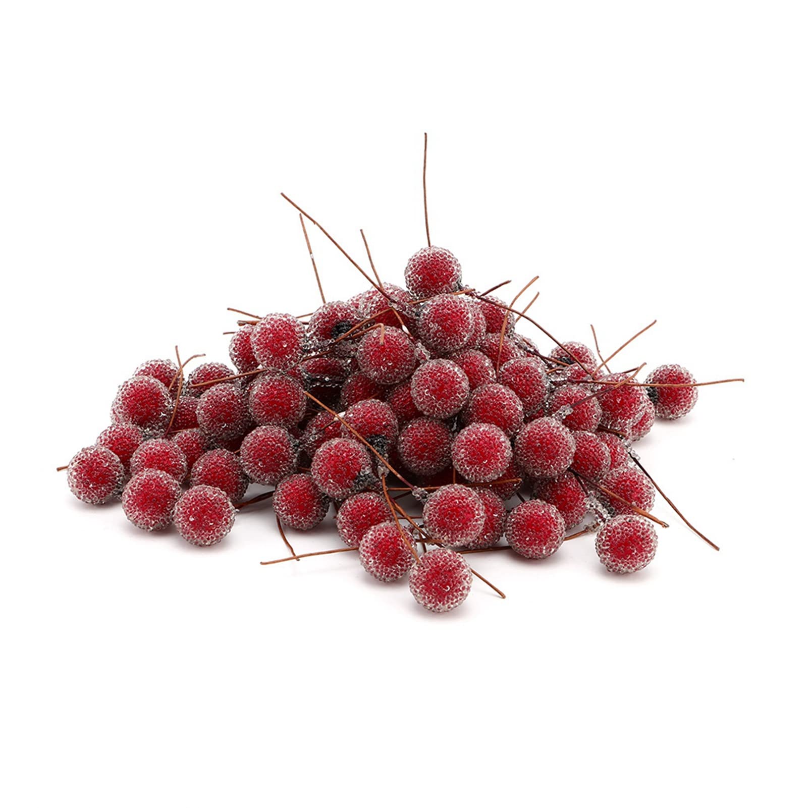 100Pcs Snowy Artificial Holly Berry Stems Flexible Wire Fake Red Berry Pick