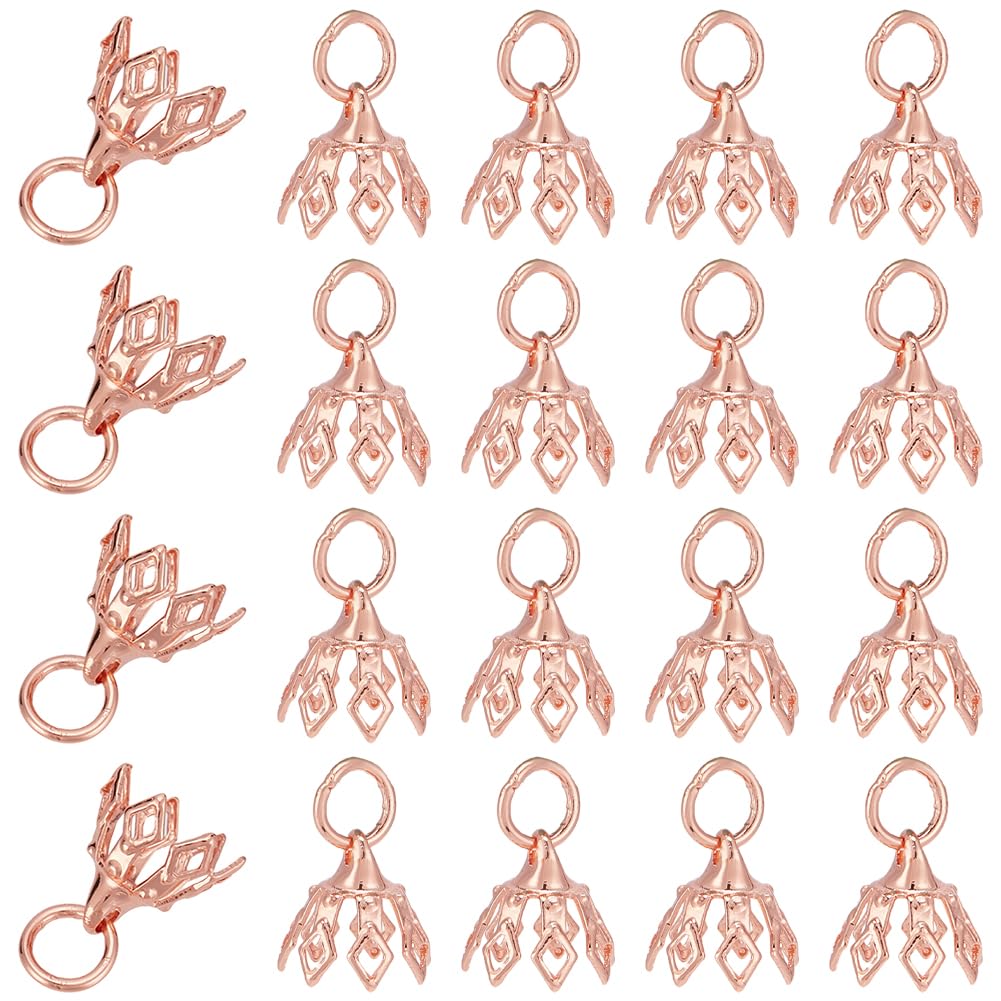 CRAFTYMELODY 70Pcs Flower Bead Cap Rose Gold Brass Filigree Bead End Cap Bails Topper with Loop 7 Prong Charm Connector for Jewelry Making Accessory Supplies Earring Bracelet Necklace DIY Craft