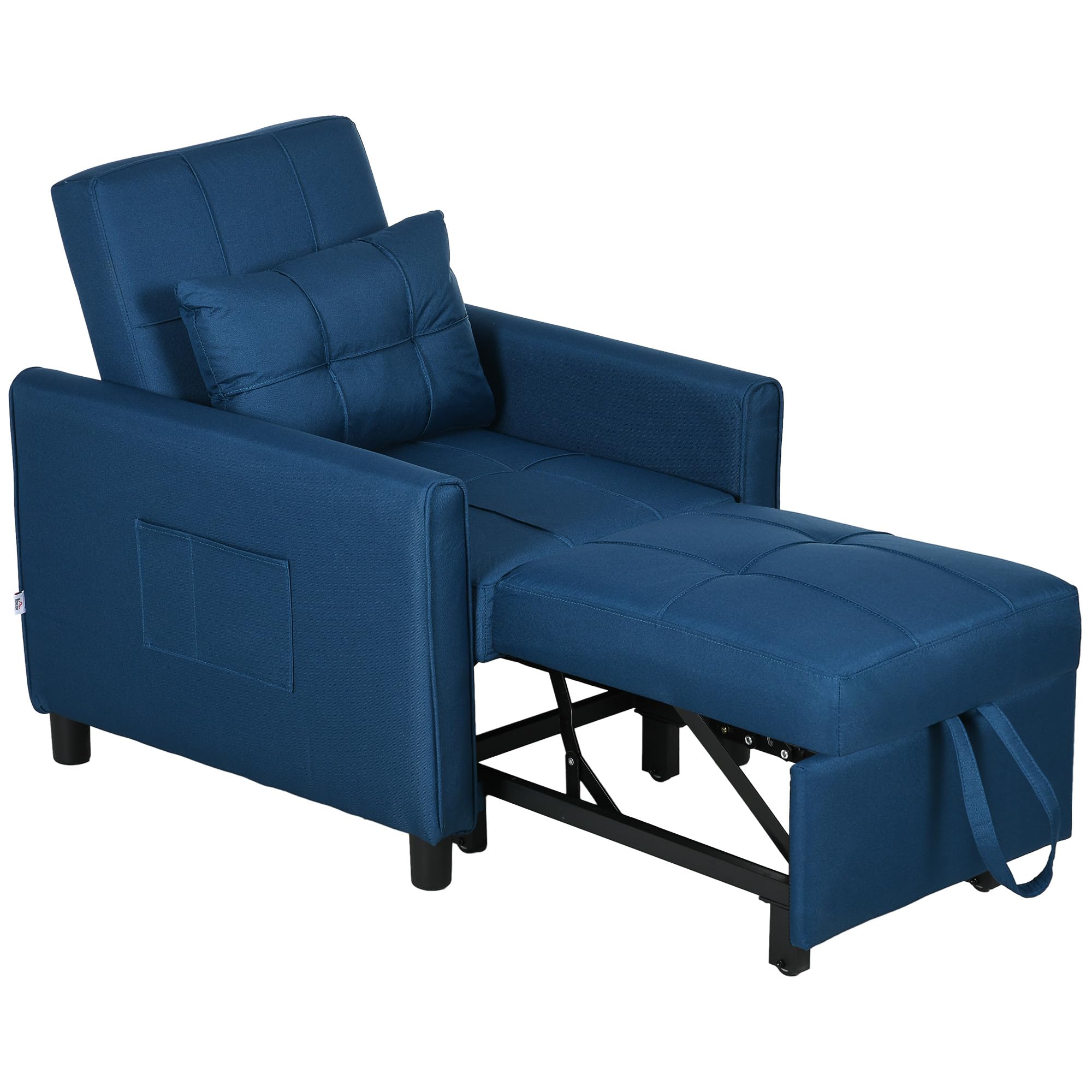 HOMCOM Sillón Cama Individual con Respaldo Reclinable en 3 Niveles, 2 Ruedas y Cojín, Sofá Cama Individual Plegable para Salón en Tela Efecto Lino y Madera, 69x82x85cm, Azul