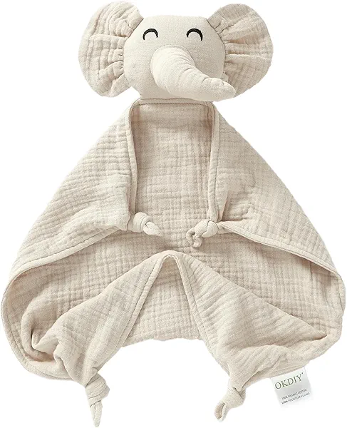 okdiy Organic Elephant Lovey, Muslin Security Blanket for Babies, Elephant Baby Stuffed Animal, Snuggle Toy, Gift for Boys and Girls (Khaki)