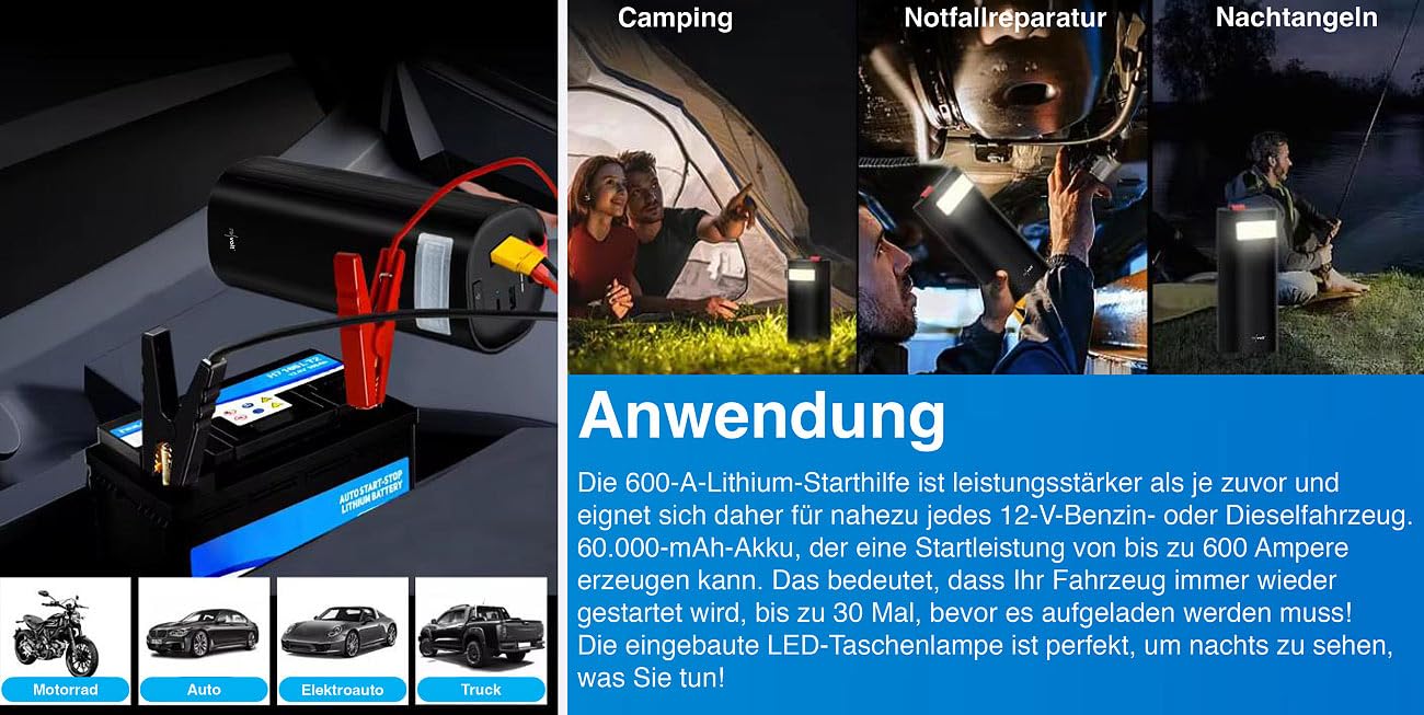 revolt Auto Starthilfe: 3in1-Kfz-Starthilfe & Powerbank, LiFePO4, 60 Ah, 600 A, 100 W PD, LED (Booster, Starter, Jump)