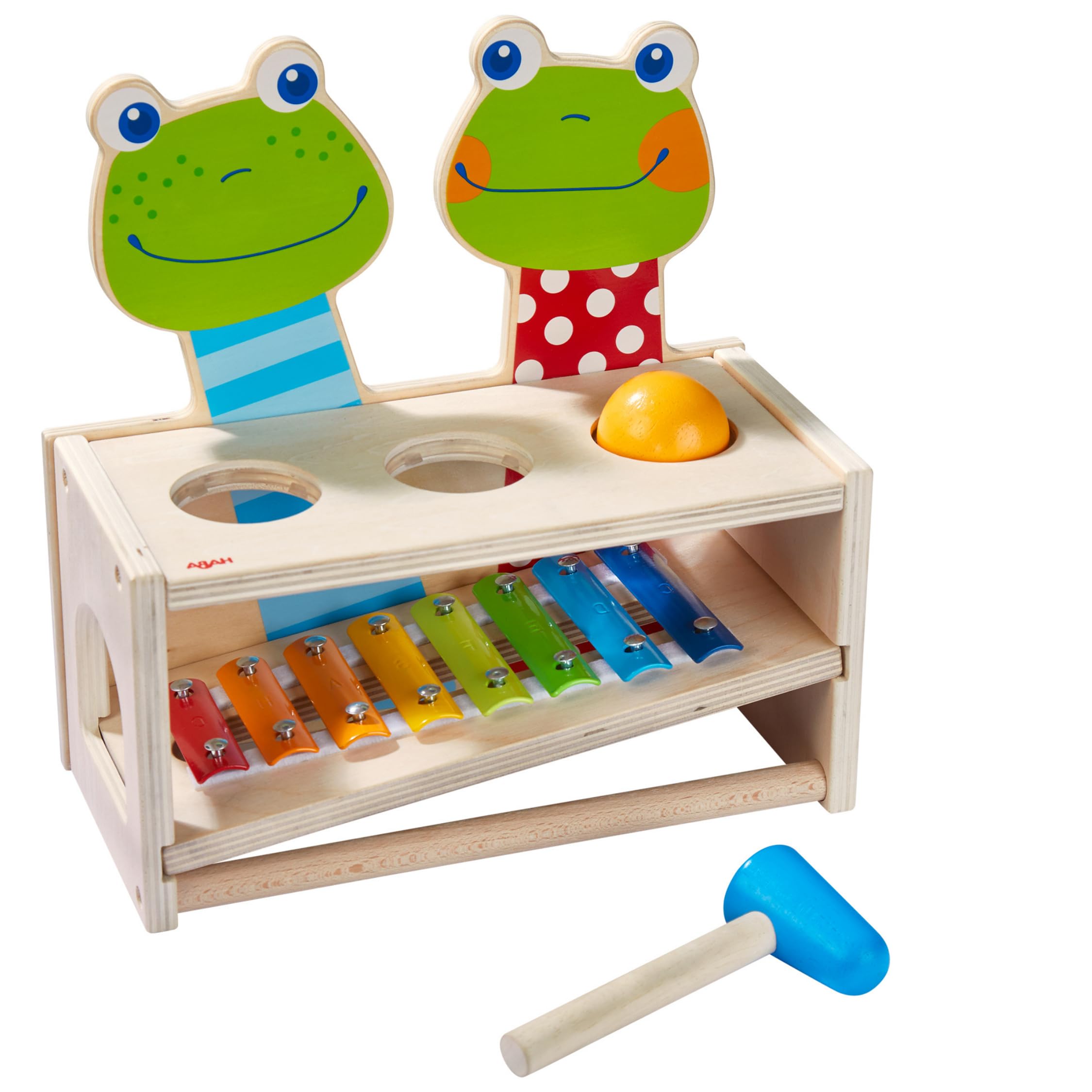 HABA 304271 - Klang-Klopfbank Froschkonzert, Klopfbank und Metallophon mit Kugel und Schlägel, Spielzeug ab 2 Jahren