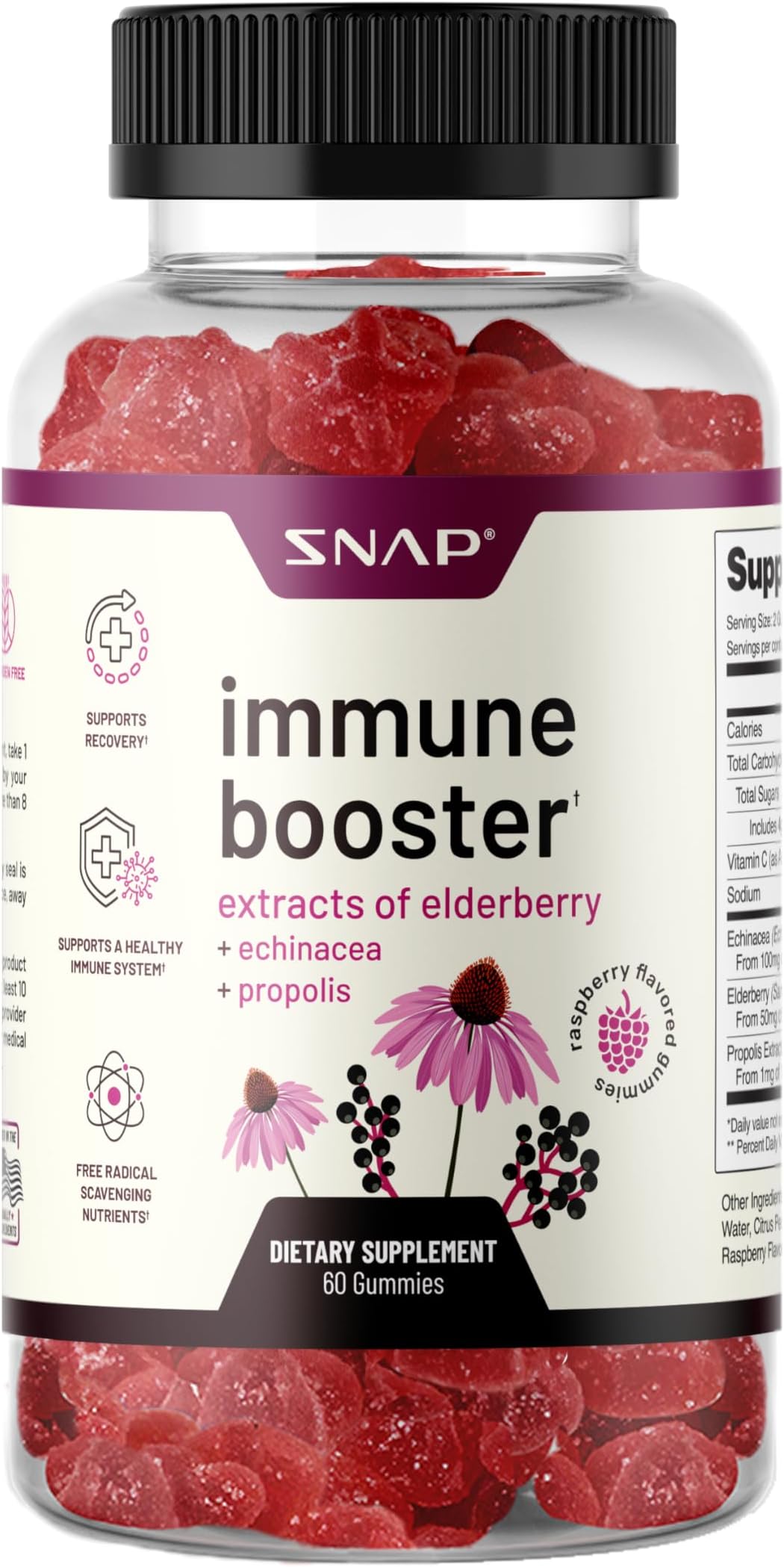 Snap Supplements - Elderberry Gummies Immune Support with Vitamin C, Propolis, Echinacea Extract Elderberry Gummies for Kids & Adults | Immune Boost & Supports Recovery from Cold | 60 Gummies