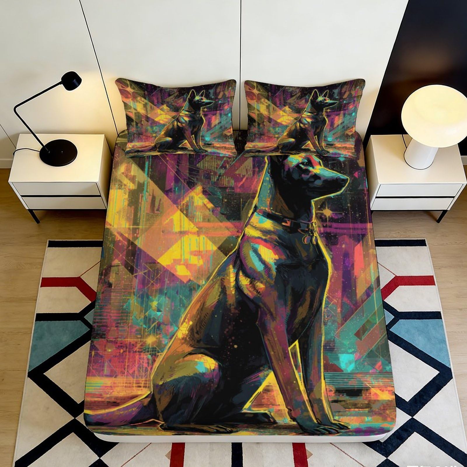 3D Printed Geometric German Shepherd Fitted Sheet Microfiber Vibrant Dog Art Bed Cover for Bedroom Guest Room 90x200x25cm
