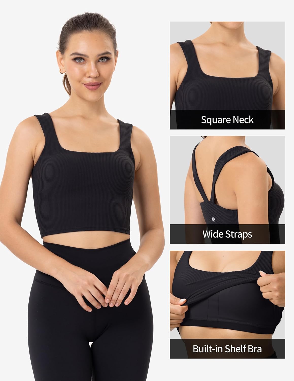 YUNOGA Womens Longline Sports Bra Square Neck Ribbed Yoga Bra Workout Crop Tank Tops with Built in Bra