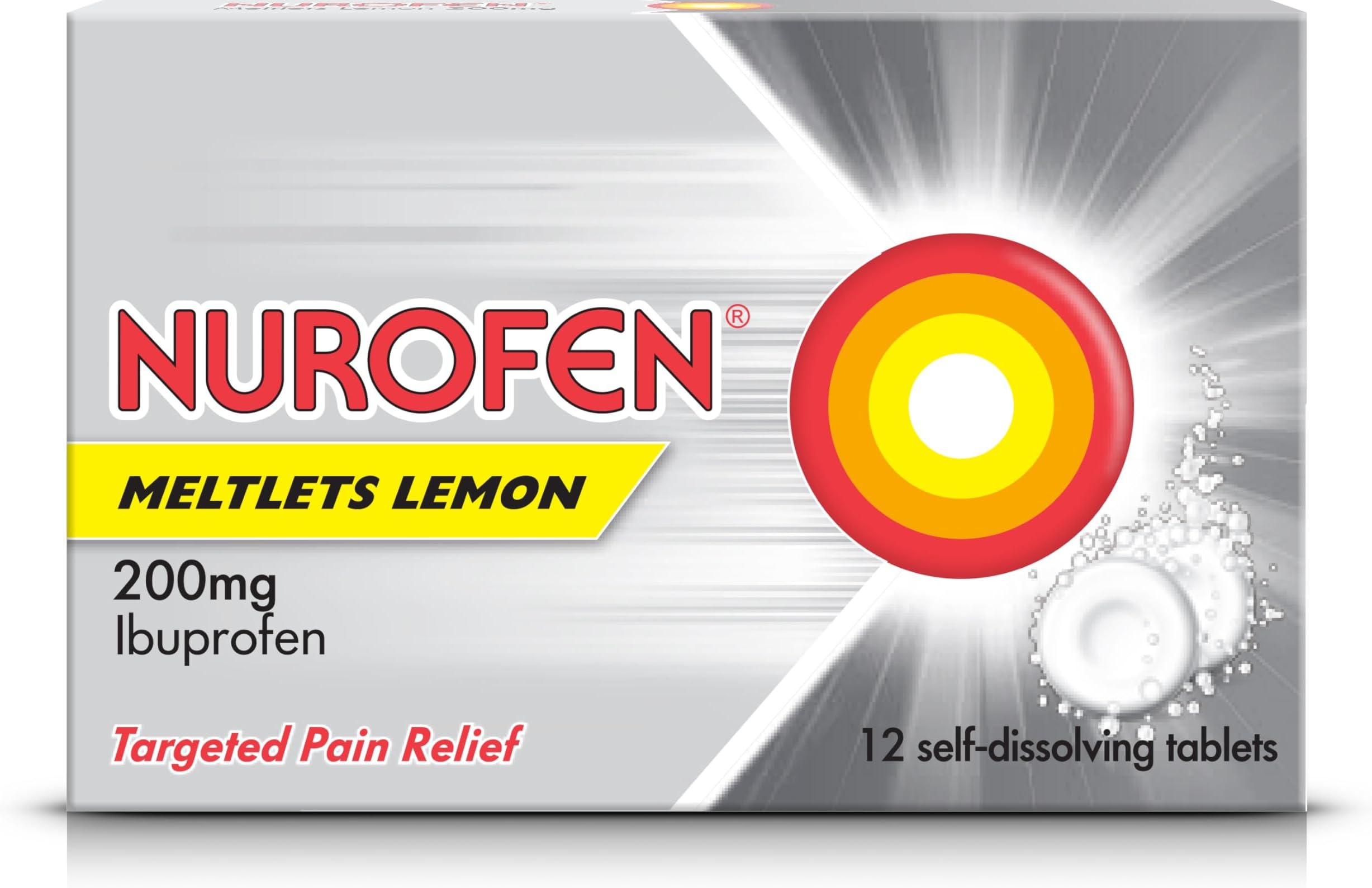 Ibuprofen Meltlets, Lemon 200mg, 12 Tablets - Fast Pain, Migraine, Headache Relief, Cold & Flu Medicine for Adults, Self-Dissolving Over-The-Counter Tablets