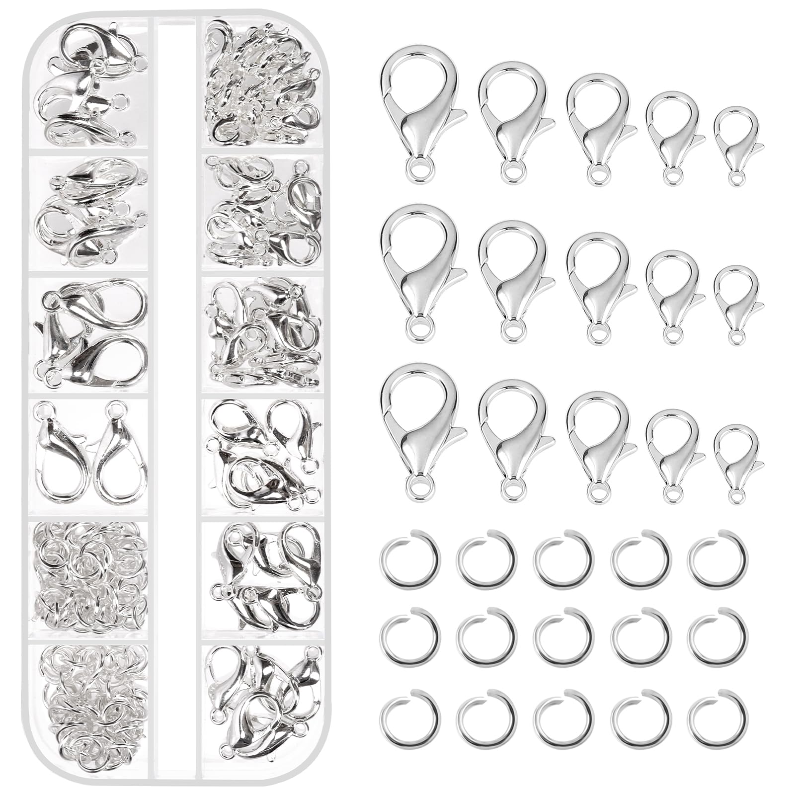 Tanstic 170Pcs Silver Lobster Claw Clasps with Open Jump Rings Kit, 10mm, 12mm, 14mm, 16mm