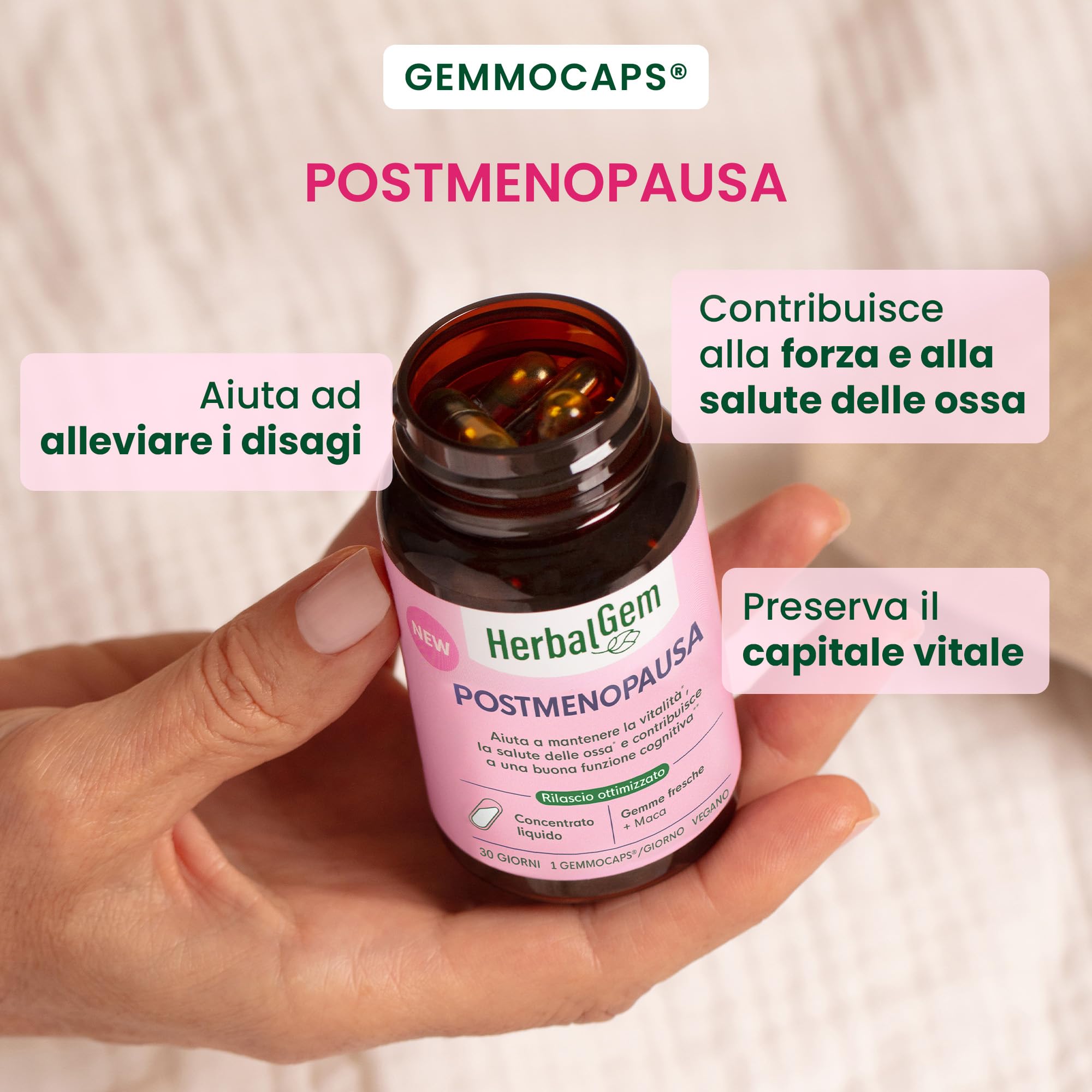 HerbalGem - GEMMOCAPS Postmenopausa - Complemento Senza Ormoni - Allevia il Disagio e Rafforza le Funzioni Ossee e Cognitive - 30 capsule