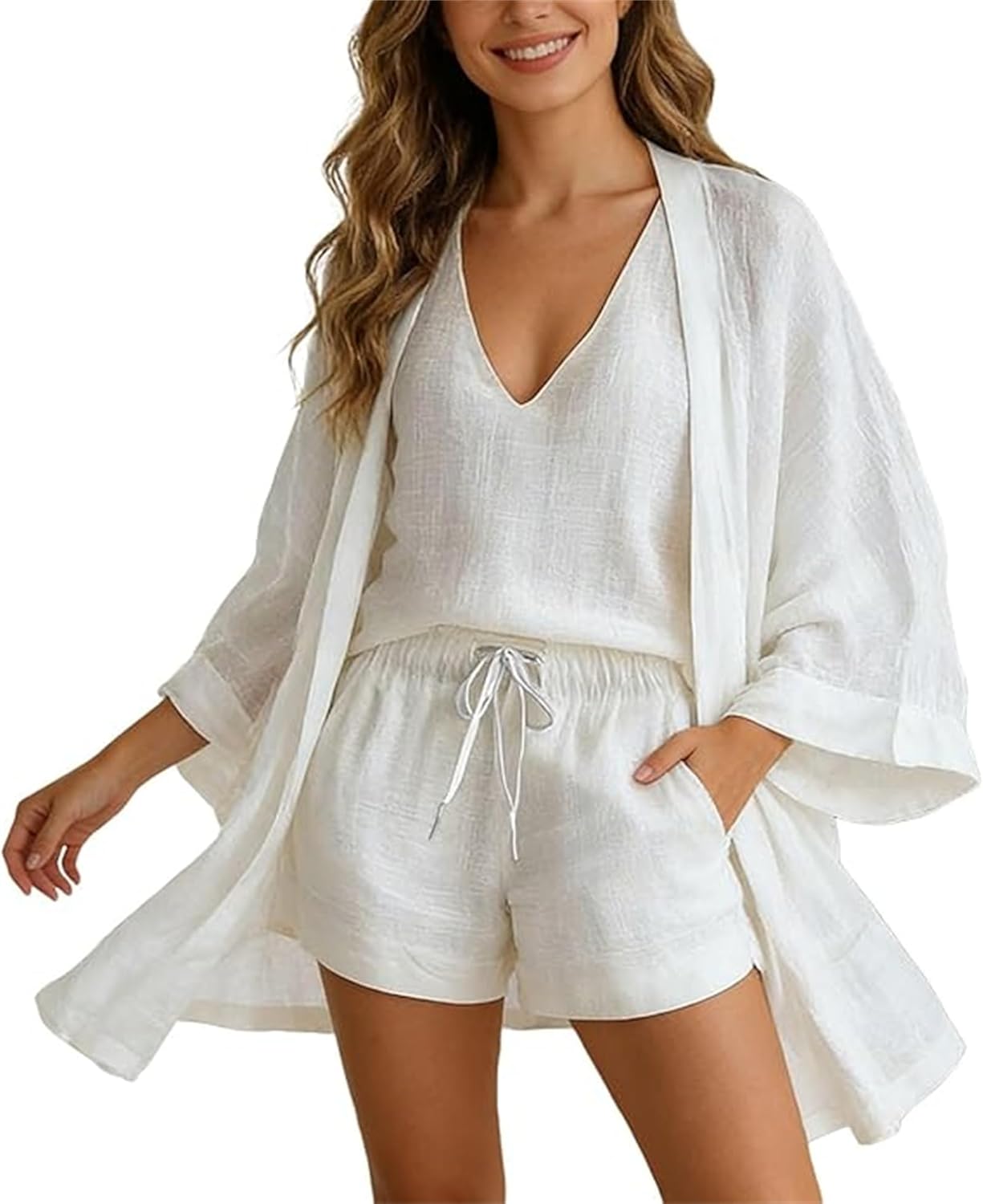 Women's White Loose Cardigan and Drawstring Shorts Three-Piece Set, Casual Summer Vacation Matching Outfits