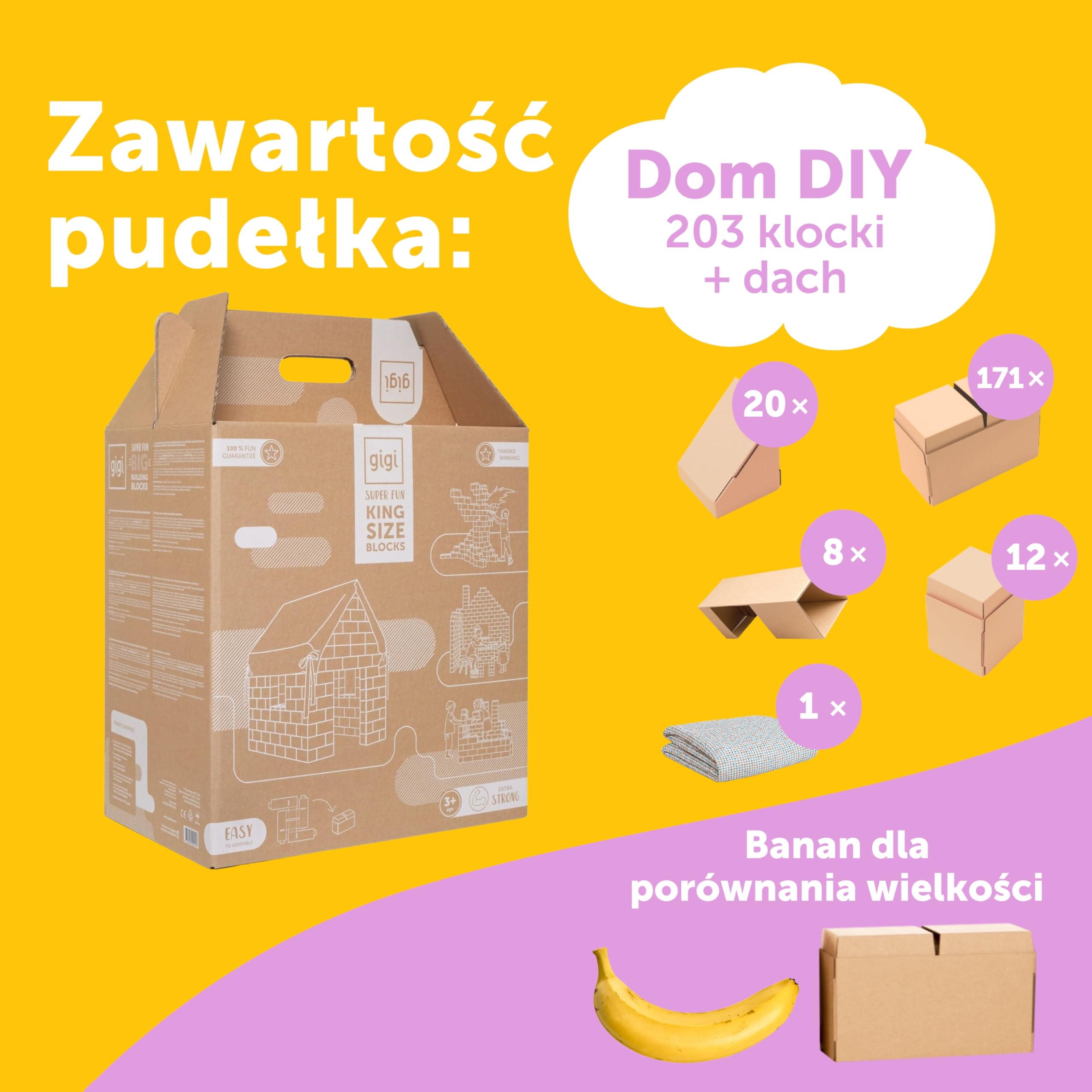 GIGI Bloks | Klocki konstrukcyjne XXL | Składany domek dla dzieci, łóżko z daszkiem z kartonów, zestaw dużych bloczków do budowania wież i zamków | 203 klocki | Łatwy montaż | Idealny prezent
