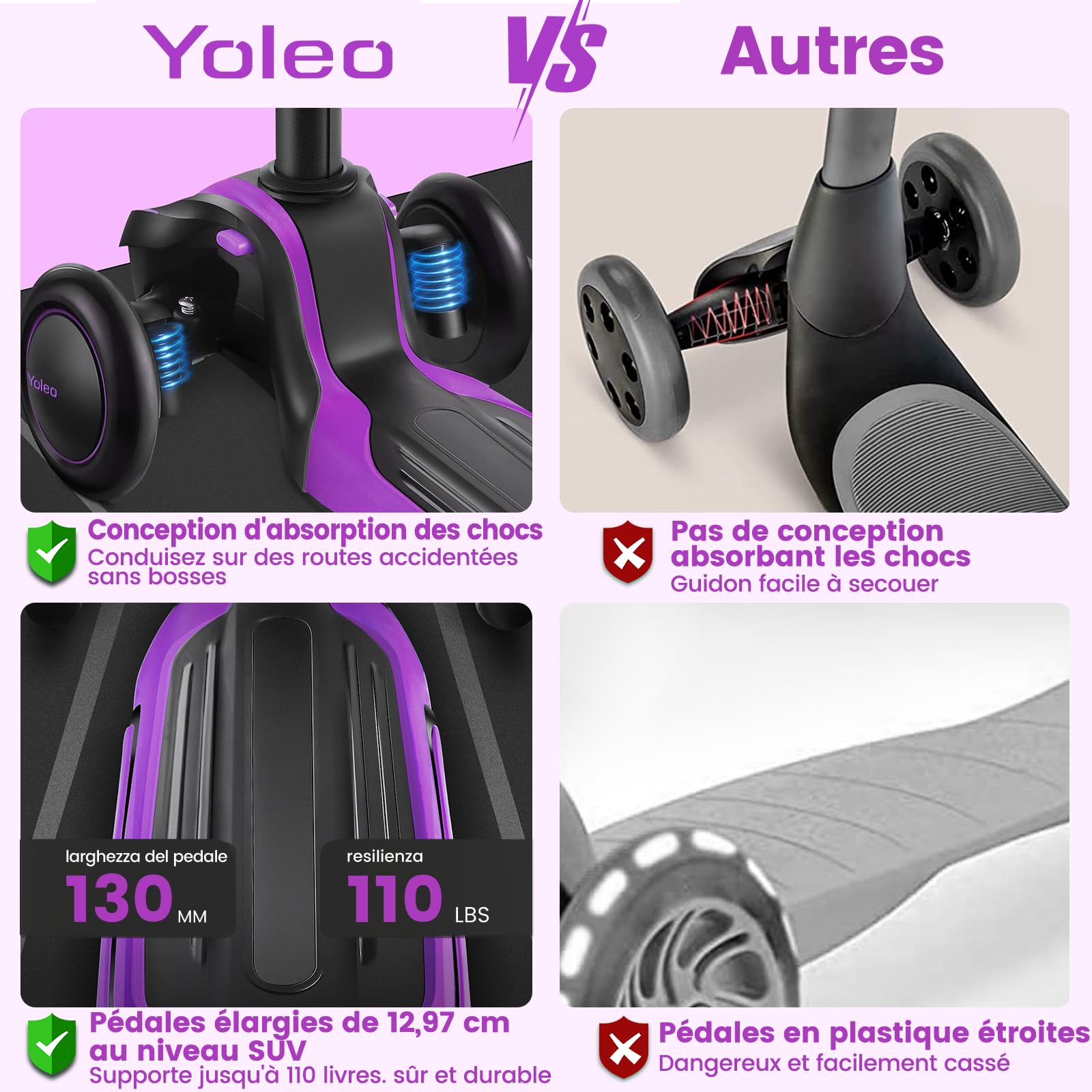 YOLEO Trotinette Enfant 3 Roues de 3 À 12 Ans Trottinette Pliable Ajustable sur 4 Niveaux pour Filles et Garçons, Cadeau Noël Anniversaire, Jouet Idéal