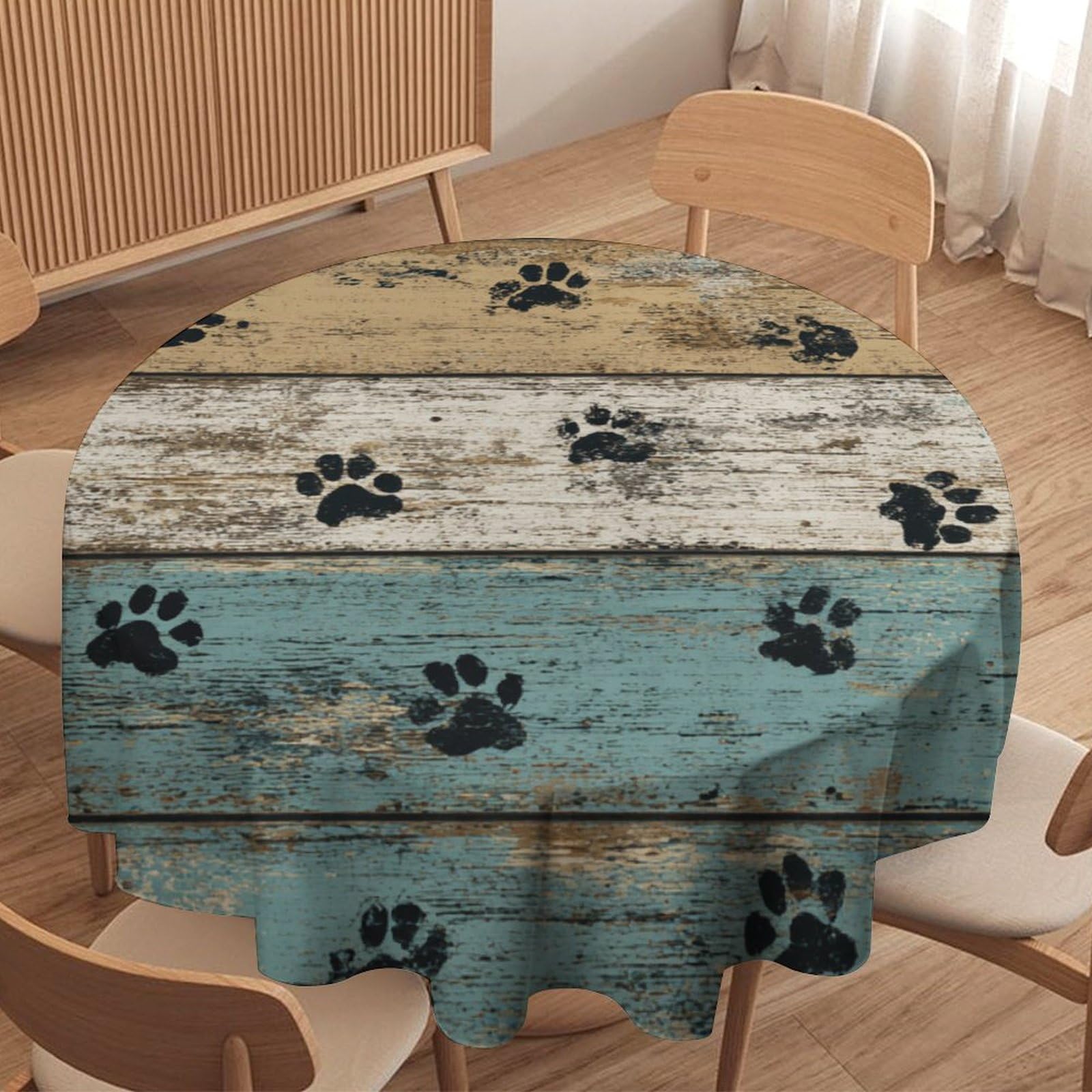 LUYYSKY Rustic Cute Paw Print Round Tablecloth Vintage Funny Wooden Board Animal Paw Prints Washable Decor for Table Cover for Kitchen-127 Wx127 L cm
