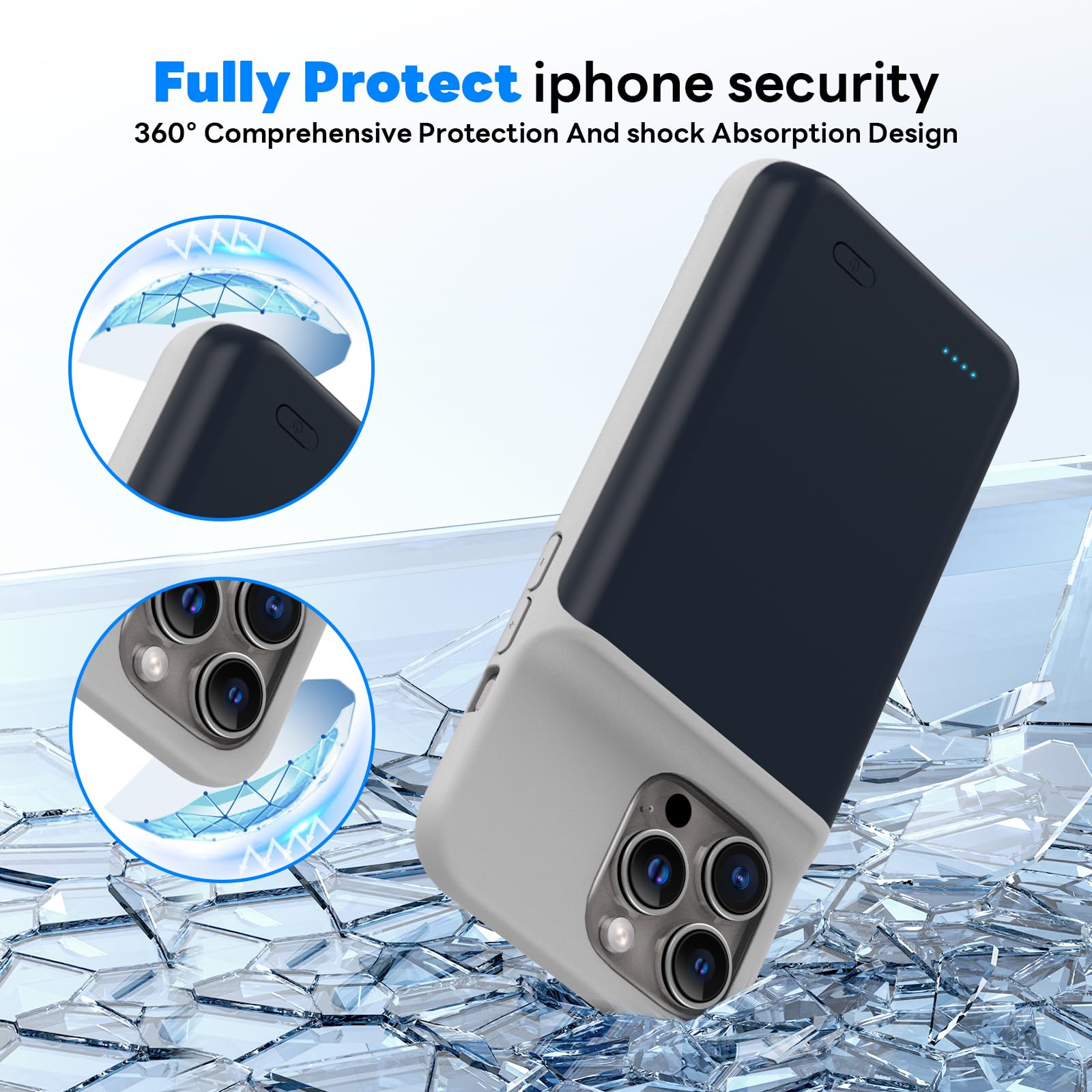 Custodia per iPhone 16 Pro (6,3"), 7000 mAh, ricaricabile, con protezione del carro armato, in vetro, per batteria aggiuntiva, per batteria, colore: blu