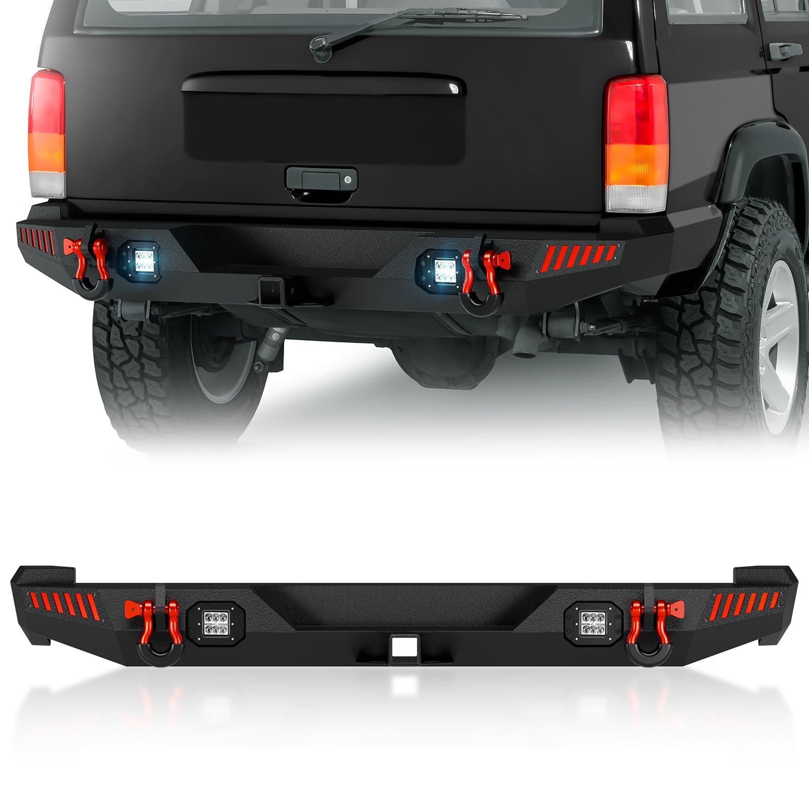 YZONA Rear Bumper Compatible with 1984-2001 Jeep Cherokee XJ (2/4 Doors) Off-Road Back Bumper Built-in Paintable Decor, 2 x 18W LED Lights, 2"
