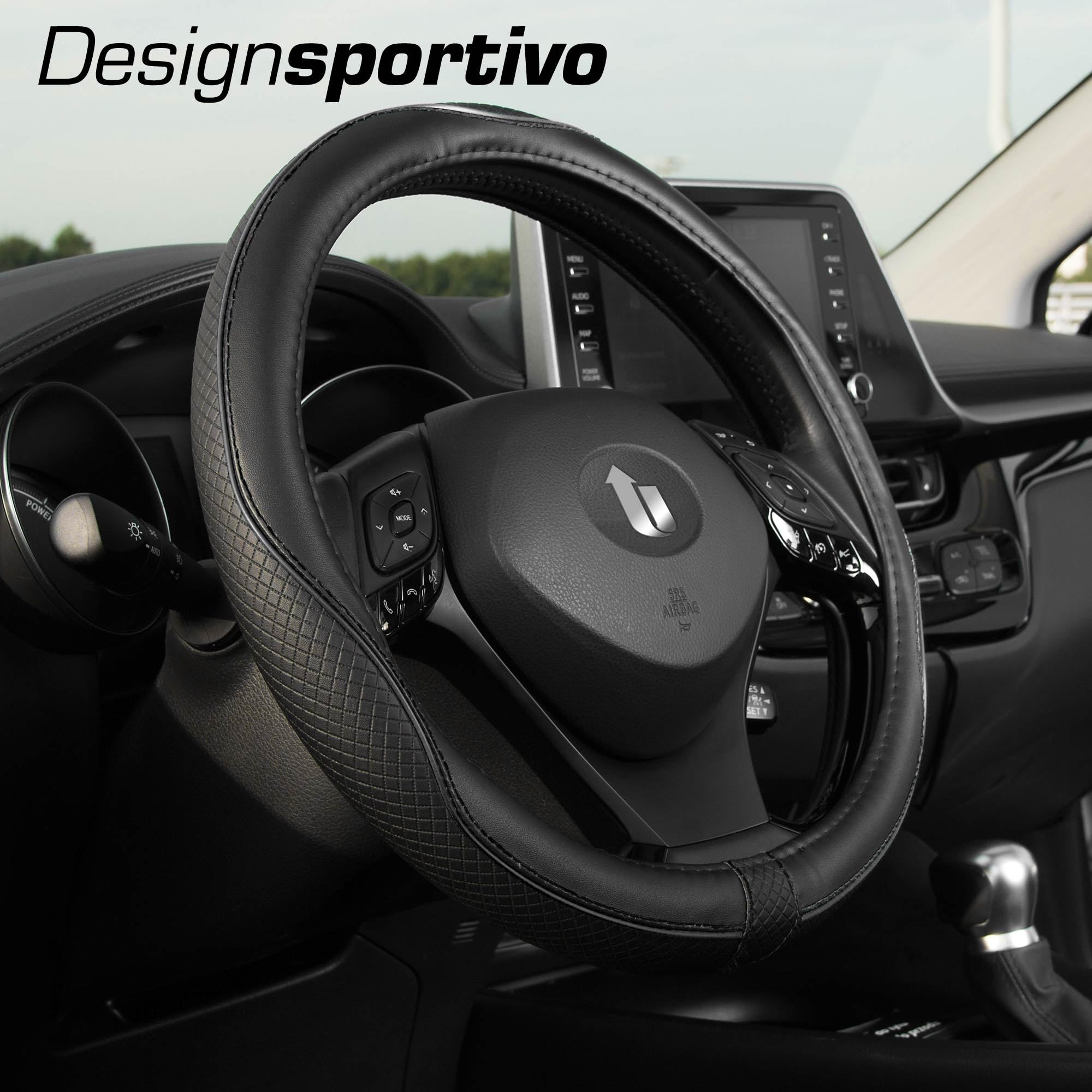 Upgrade4cars Coprivolante Auto Universale Nero in Finta Pelle | Copertura di Volante Diametro 37-38 cm | Accessori Auto Interno | Regali per Donna e Uomo