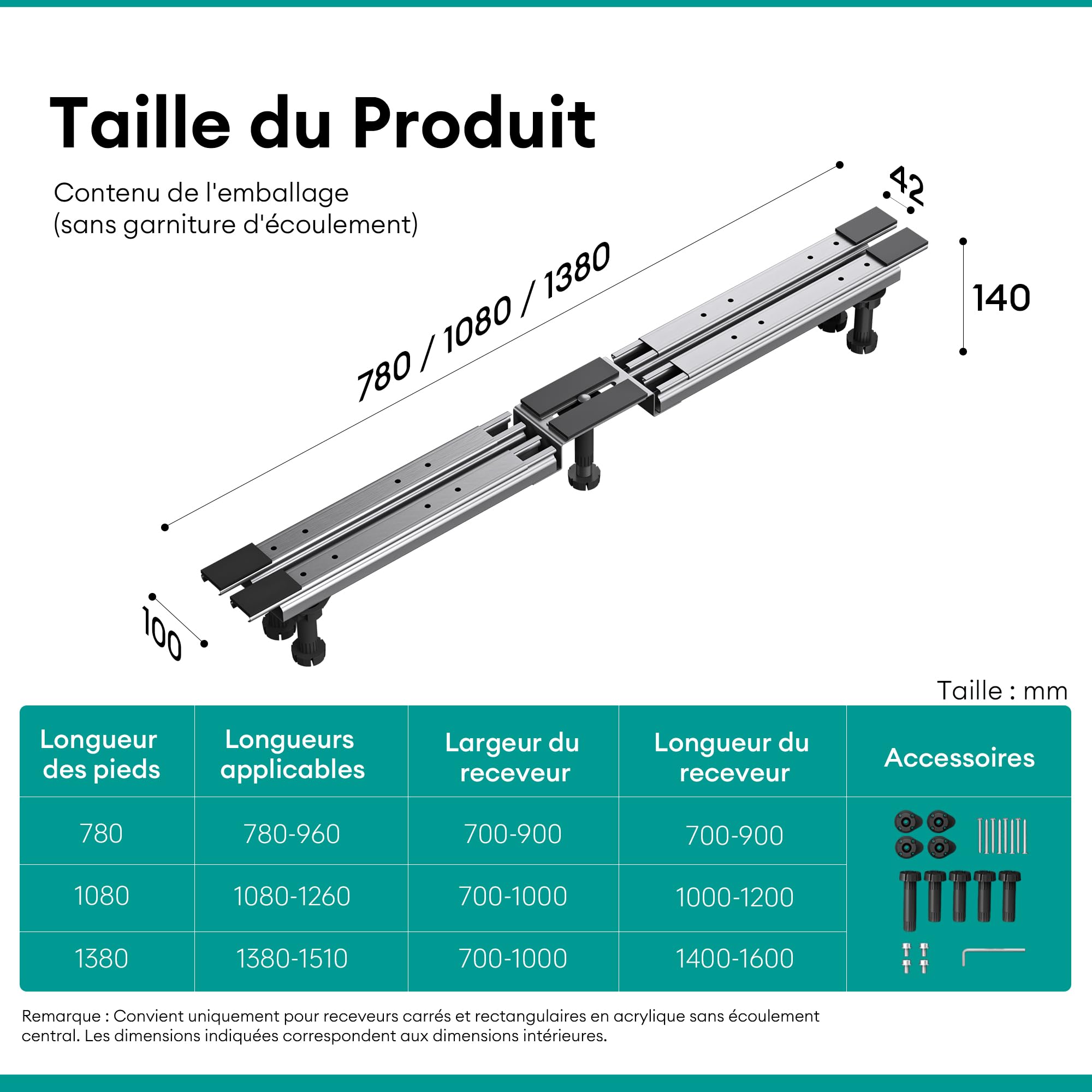 Mai & Mai Support de Receveur de Douche Pied de Bac de Douche Support plat sans Perçage Duschwannenfüße01 780x100x140mm