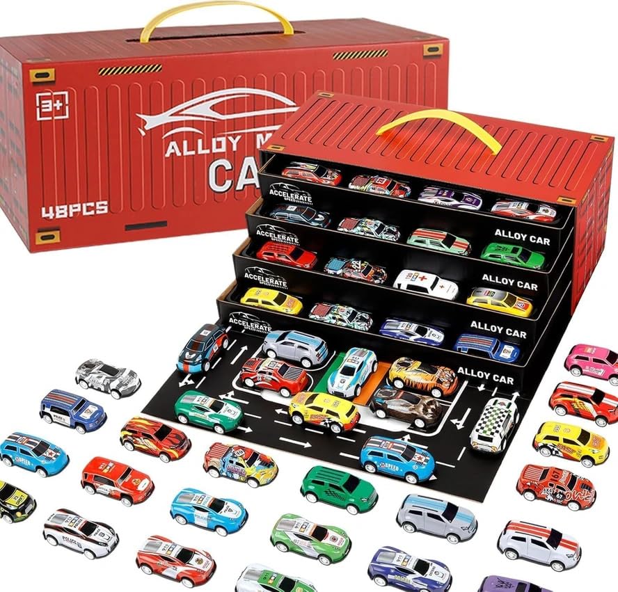 Toy Cars for Kids 48 Pull Back Race Cars Toys with Container Storage Box Die Cast Metal Toy Car Set Racing Pattern Race Car Party Favors Small Cars Pack-image-18
