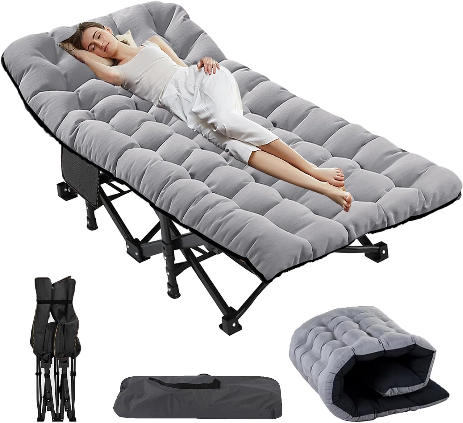198x81x46cm Sonnenliege klappbar Campingbett 400KG Lastlager Gästebett Klappbett Gartenliege Mit Matratze Seitentasche und Kopfstütze für Outdoor Indoor Garten Camping Reisen (Grau XL)