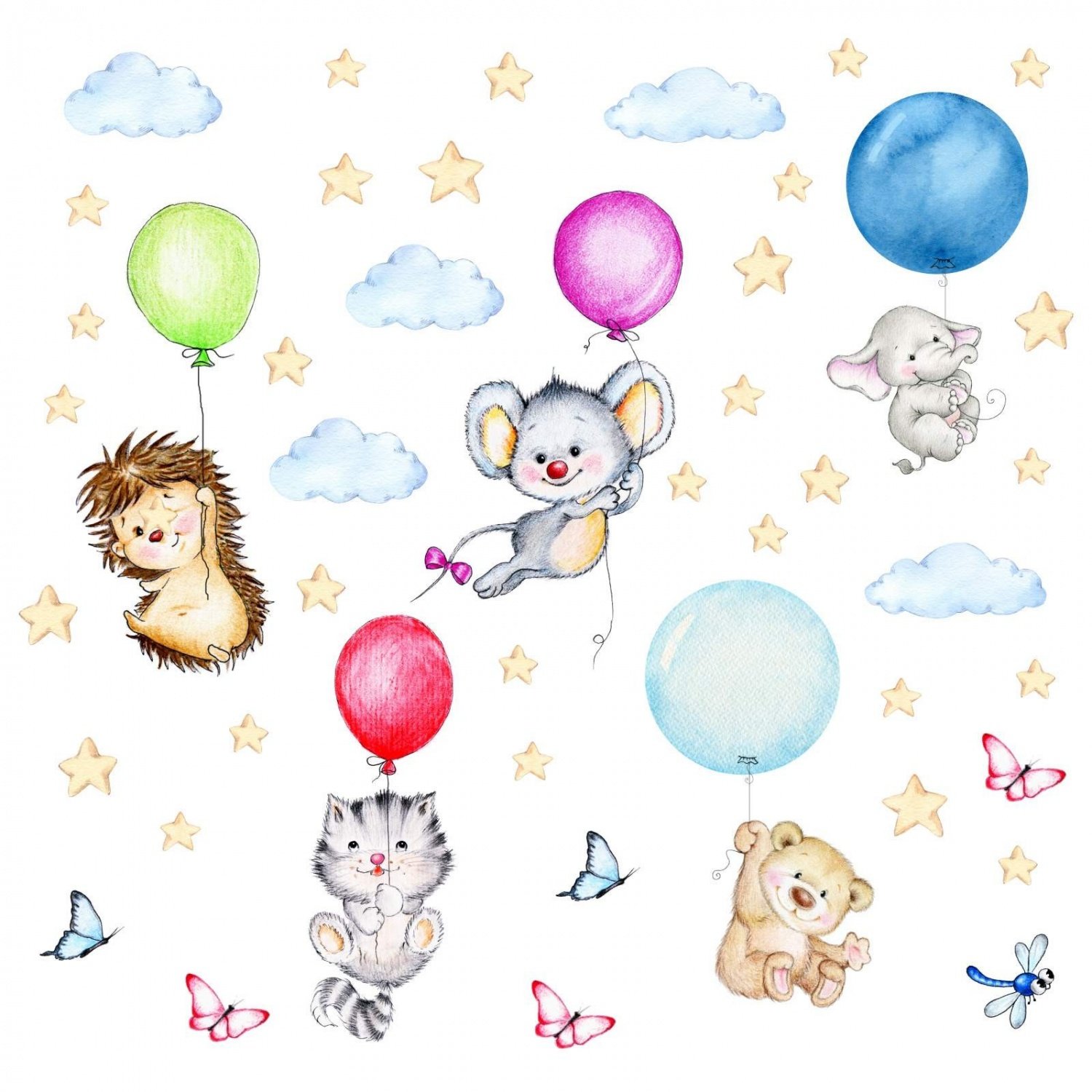 123 Wandtattoo niedliche Tiere mit Luftballons in 6 Größen - Kinderzimmer Sticker Aufkleber Wanddeko Wandbild Junge Mädchen Baby - Größe 2000 x 1120 mm