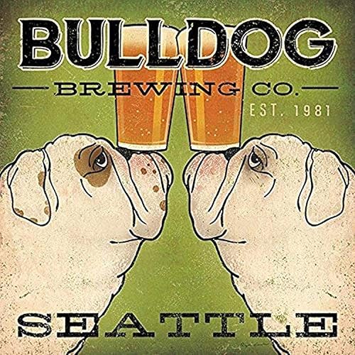 Buyartforless Cartel de cerveza Bulldog Brewing Co Seattle por Ryan Fowler de 12 x 12 pulgadas, diseño de bulldogs con diseño de perros y animales