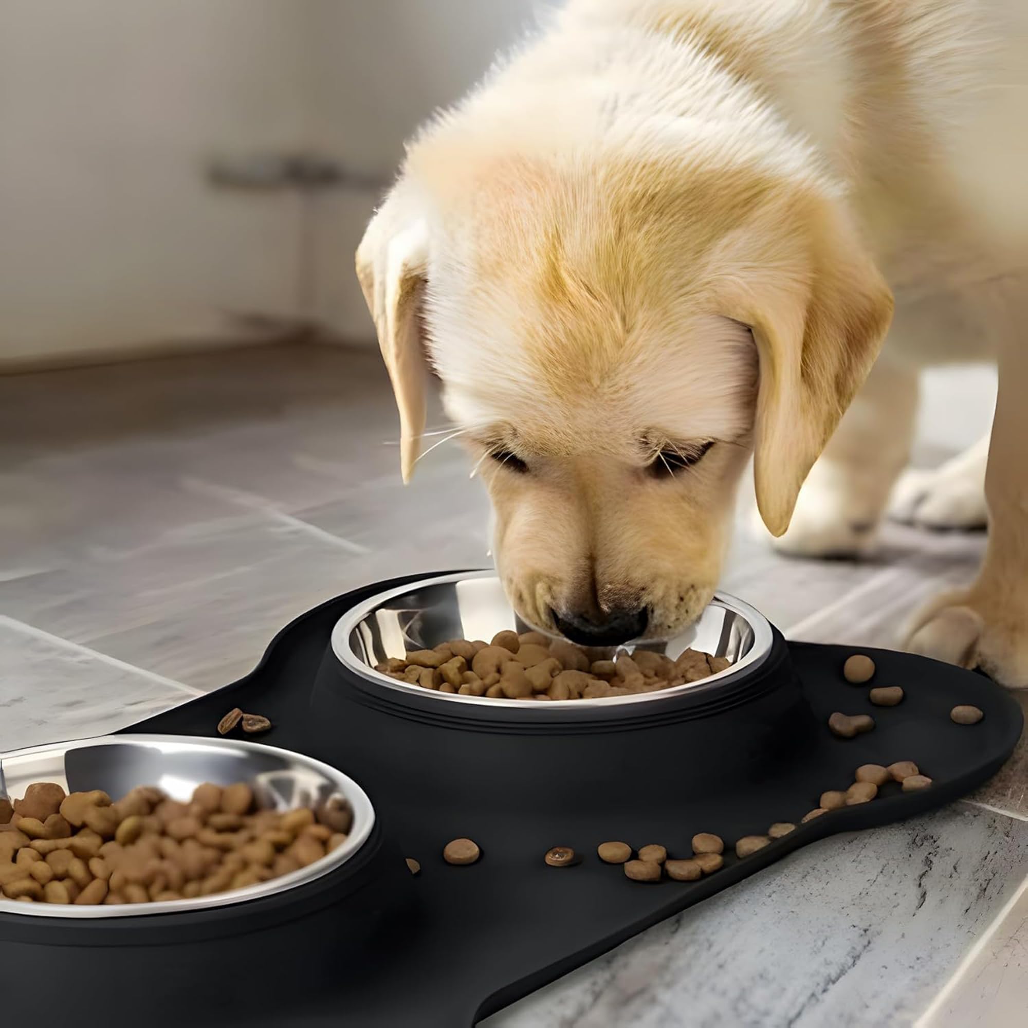 Ciotola per Cani,Doppia Ciotole in Acciaio Inossidabile,Ciotola Cane con Tappetino in Silicone,Facile da Pulire,Bowl Doppia per Cani e Gatti di Piccola e Media Taglia