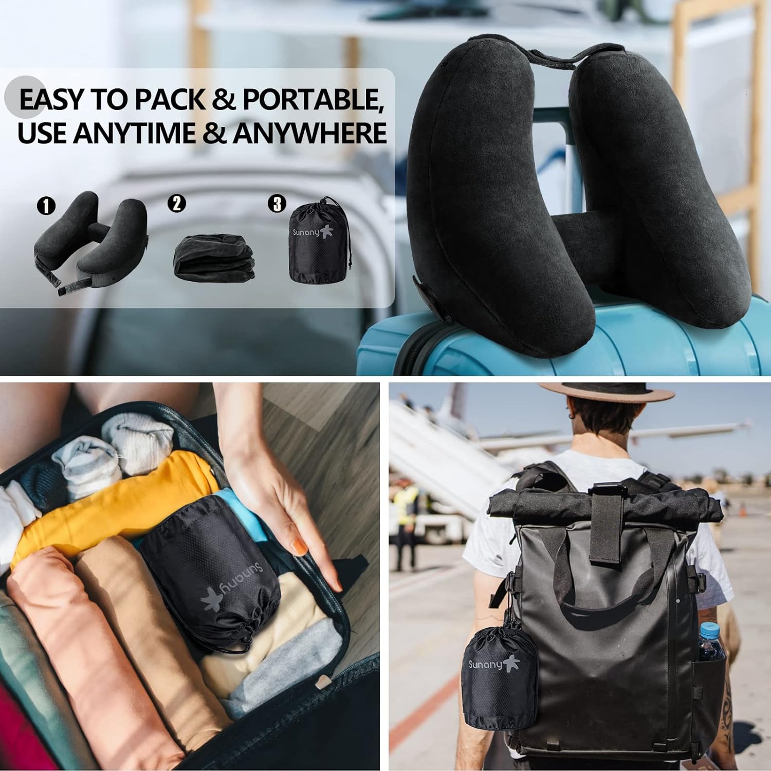 Sunany Neck Pillow for Travel Inflatable Airplane Pillow Comfortably Supports Head,Neck and Chin,Inflatable Travel Pillow with Soft Velour Cover,Portable Drawstring Bag (Black with Hat)