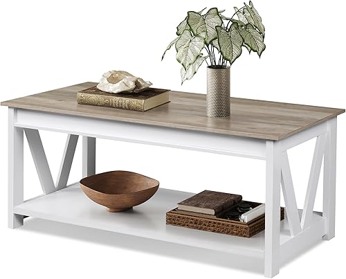 Miniatura 9 de WLIVE Mesa de centro de granja, mesa de sala de estar con almacenamiento, mesa central de madera de 43 pulgadas con marco en forma de V para oficina