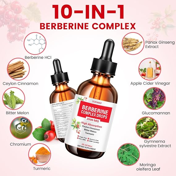 Liposomal Berberine HCL Supplement Liquid Drops 1500mg, Berberin with Ceylon Cinnamon, Bitter Melon, Turmeric, Glucomannan, Moringa, Berberine Phytosome for Digestion System, Immune Health Support