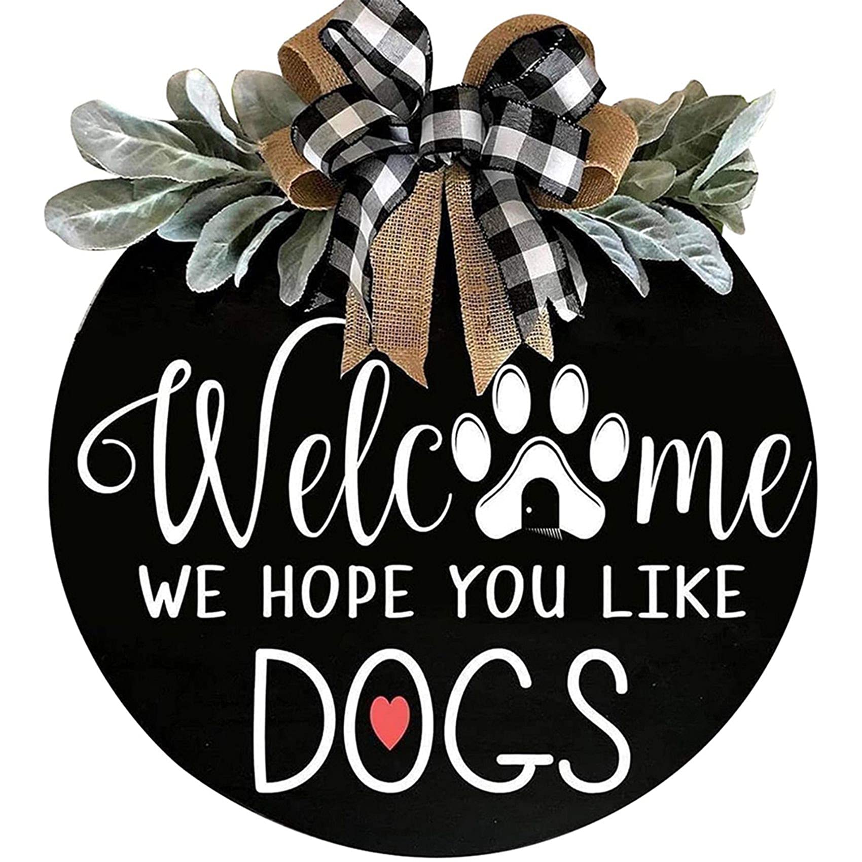 Muuoeou Welcome Sign Front Door Hanger Wreath with Bow Welcome We Hope You Like Dogs Farmhouse Round Hanging Flower Bow Decor