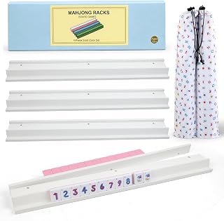 Mahjong Racks with Pushers Set of 4, 21.5 Inch Wooden American Mahjong Tile Holders, Magnetic Arms, Fits 30-36mm Tall Tiles, Divided Storage Bag, Gift Box (White)