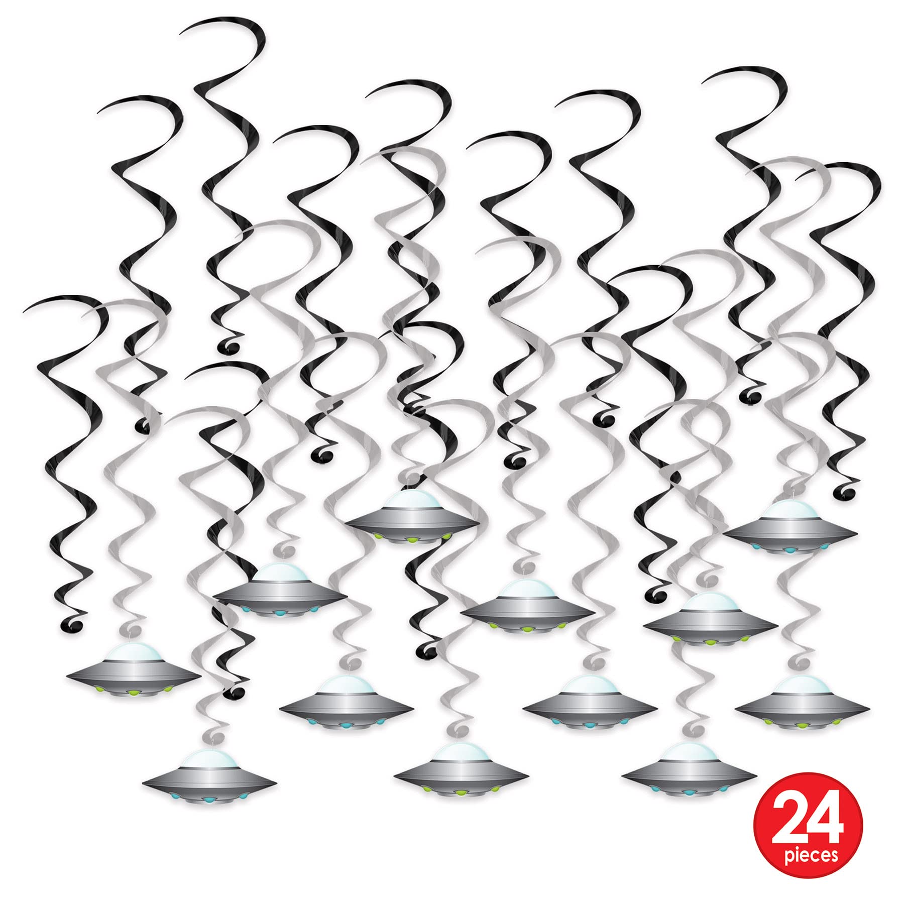 Beistle 53763 latający spodek wiry 24 sztuki dekoracje kosmiczne kosmos kosmos materiały imprezowe wiszące spirale, papier, czarny/srebrny/biały/niebieski/zielony