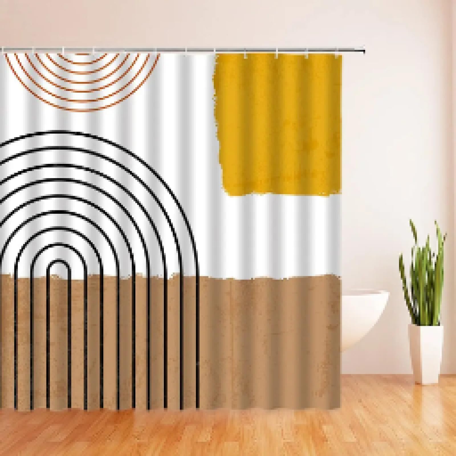 Abstrakter Mid-Century-Duschvorhang, Bogen, minimalistisch, geometrisch, geschwungen, Streifen, Halbkreis, moderner Stoff-Badevorhang mit Haken, 200 x 180 cm