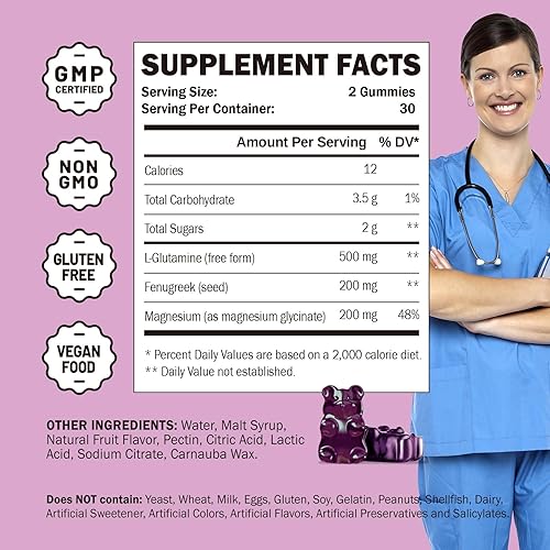Miniatura 5 de Gomitas de glutamina L y gomitas de glicinato de magnesio, alivio muscular y apoyo articular, veganas y orgánicas, sin OMG