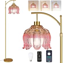QIYIZM Pink Floor Lamp for Living Room,Bedroom,Glass Gold Dimmable Standing Lamp with Remote,Mid Century Modern Brass Tall Lamp Boho Floor Lamps Arc Stained Tulip Flower Floor Light Lamp Bohemian