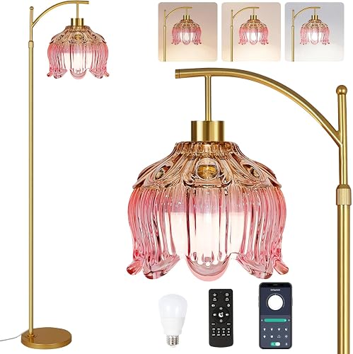 QIYIZM Pink Floor Lamp for Living Room,Bedroom,Gold Dimmable Standing Lamp with Remote,Mid Century Modern Brass Tall Lamp Boho Floor Lamps Arc Stained Glass Flower Floor Light Lamp Girls kids Bohemian - Floor Lamp--11