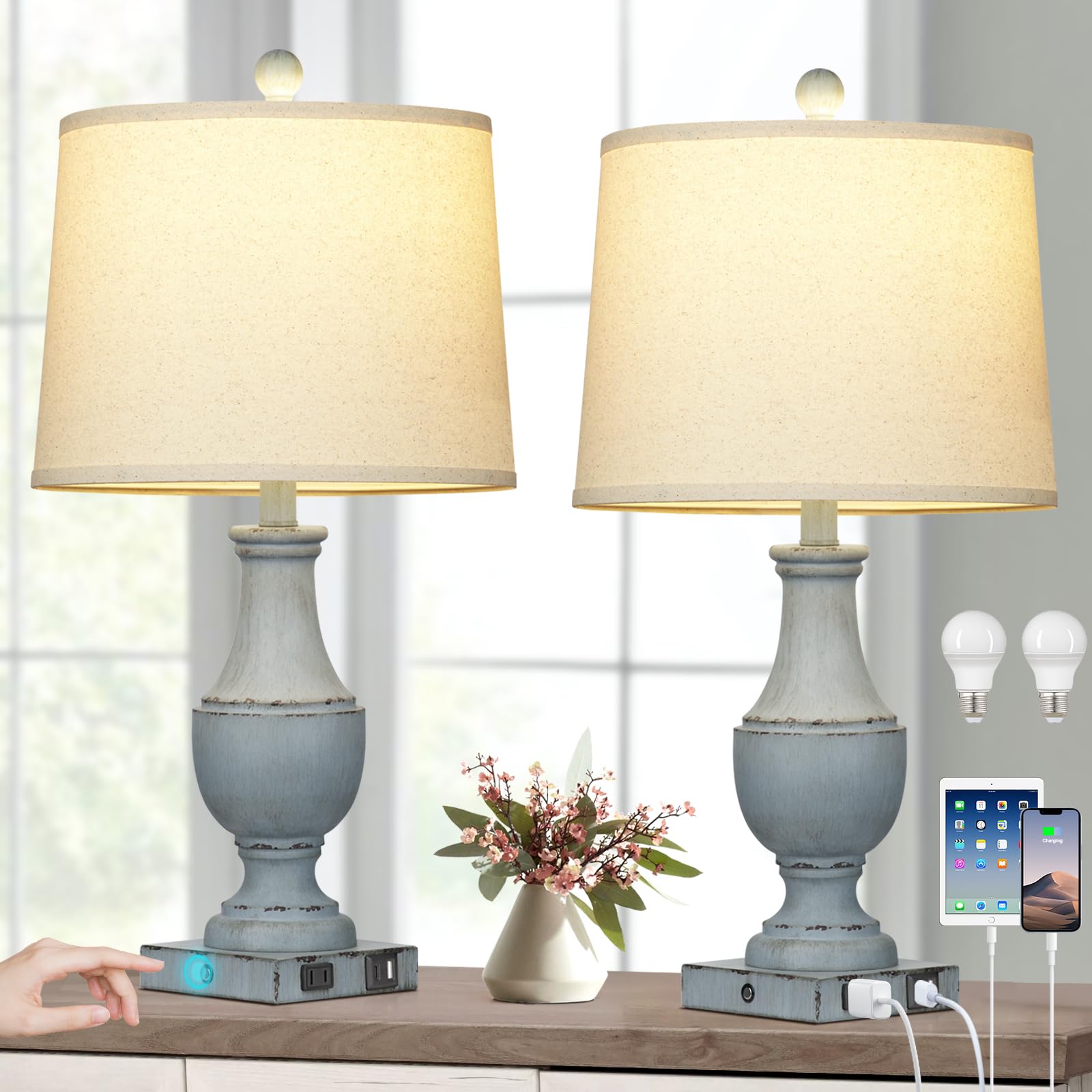 Farmhouse Table Lamps Set of 2, Rustic Touch Control Bedside Lamps with 2 USB Ports & AC Outlet, Vintage 3-Way Dimmable Nightstand Lamp Linen Fabric Shade for Living Room Bedroom End Table Decor Blue