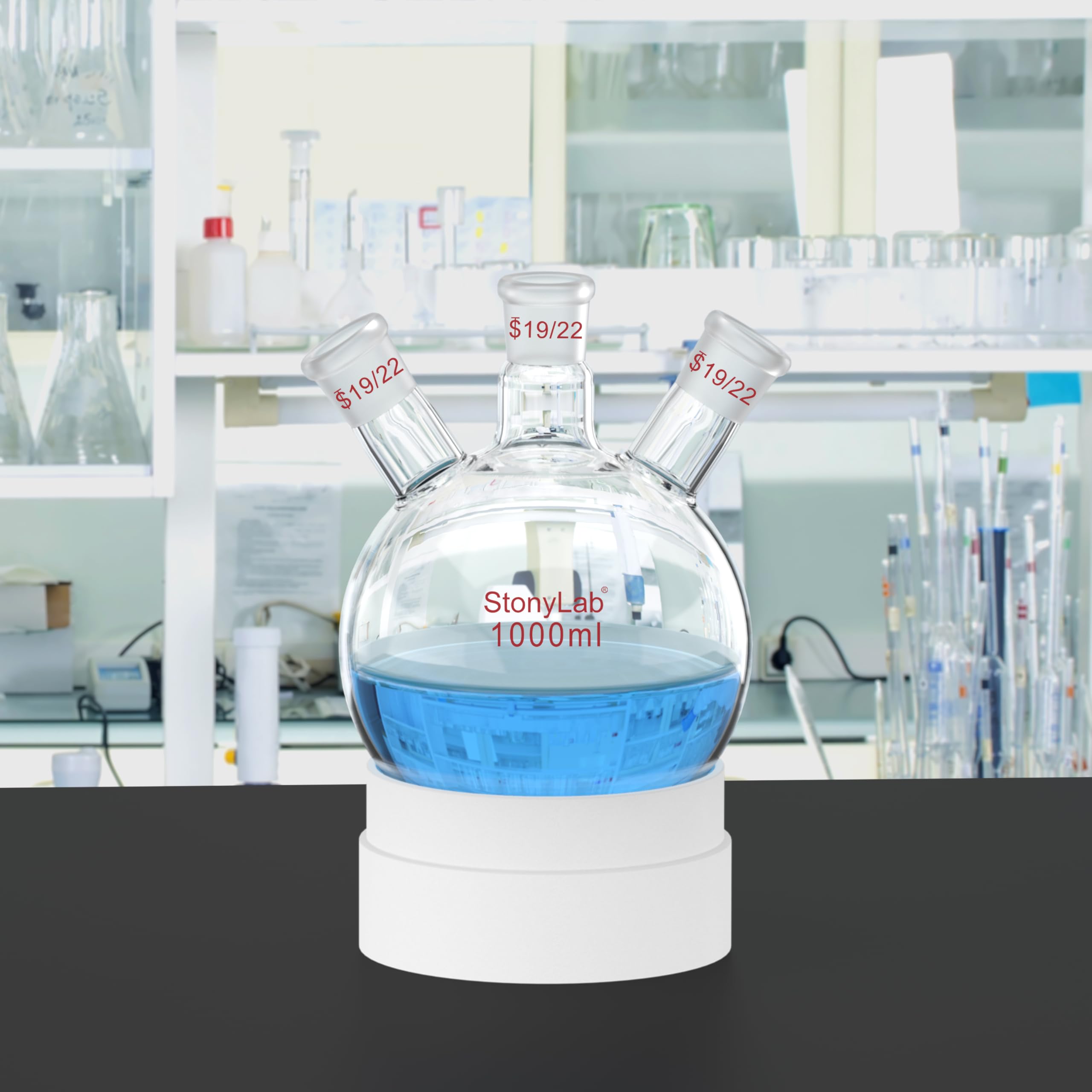 StonyLab Borosilicato Vetro 3-Collo Fondo Rotondo Pallone RBF, con 19/22 Centrale e lato Standard Coniche Esterno Misto Giunto, 3 Neck Round Bottom Flask (1000 ml)