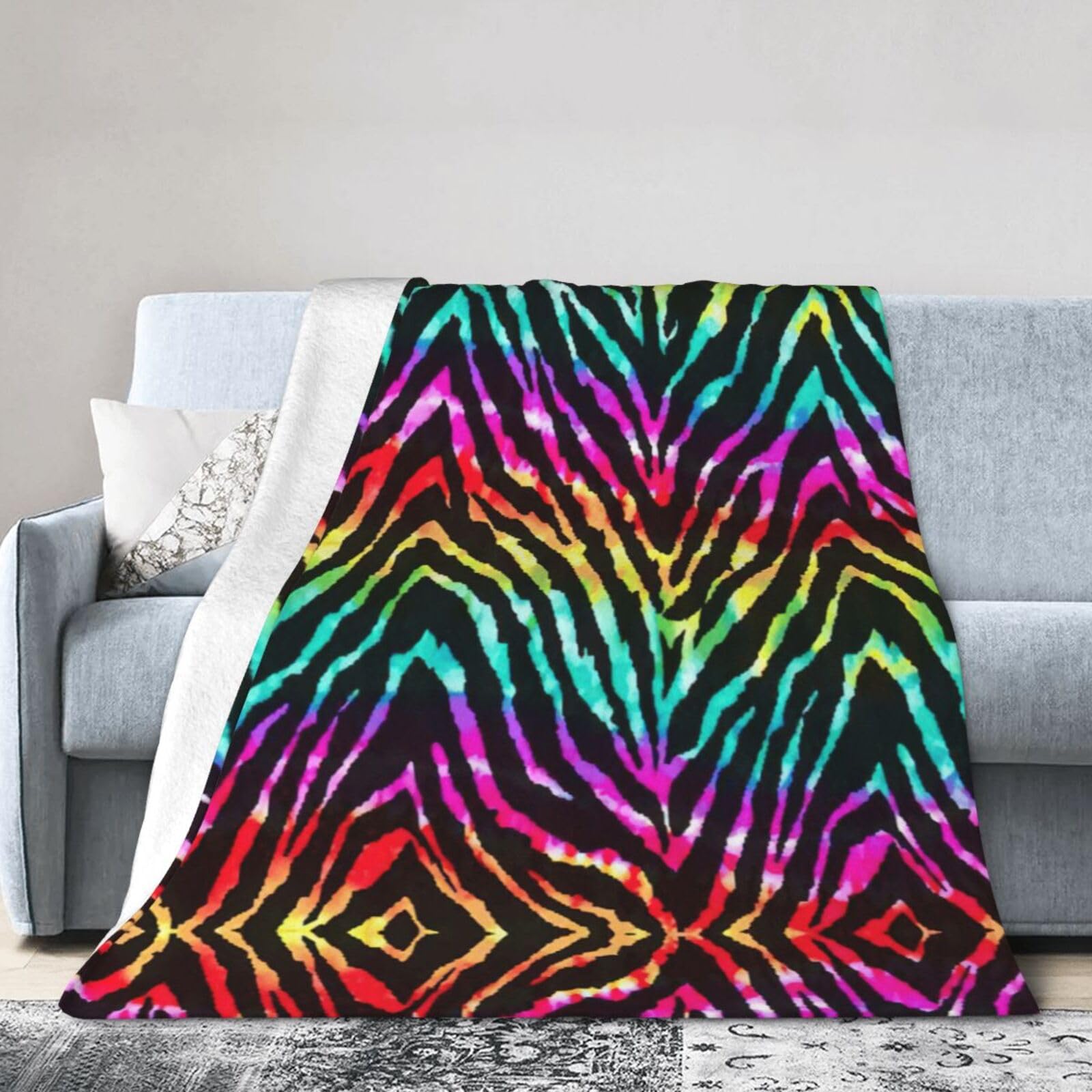 Uusnwaa Soft Cosy Fleece Warm Throw Colorful Rainbow Zebra Print Blanket