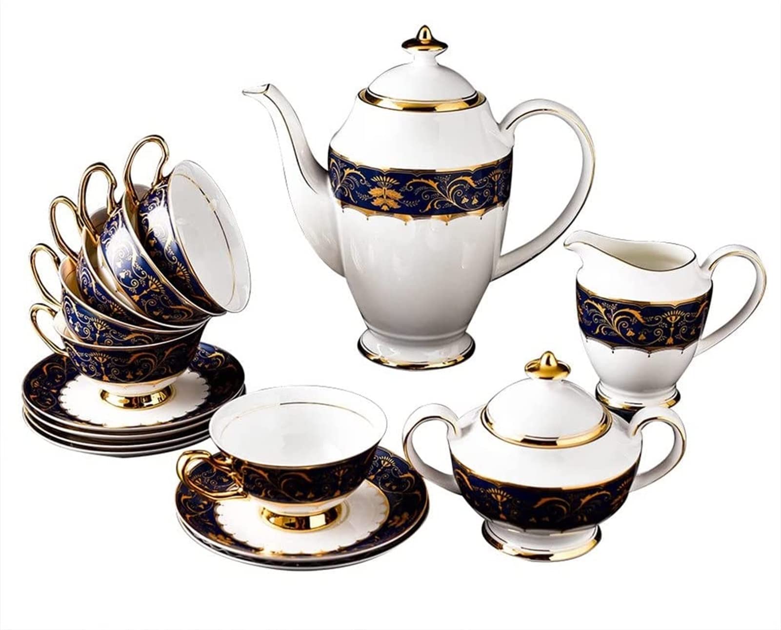 YNIYUJKL European Style 15 Pieces Fine Bone Chinese Design Tea Set Ceramic Teapot Cup Saucer Afternoon Tea Set Gold Thread Design Coffee Set